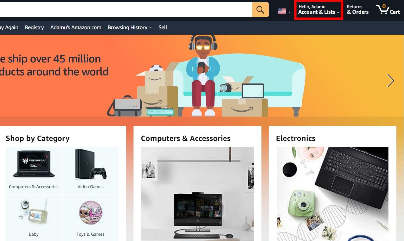 Screenshot of Amazon buyer homepage with the 'Tale & Lists' menu merchandise highlighted