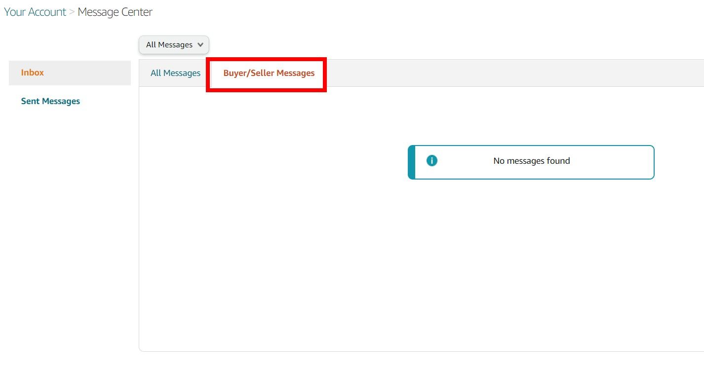 The 'messages' page in Amazon with the 'Buyer/Seller Messages' menu option highlighted with a red box.