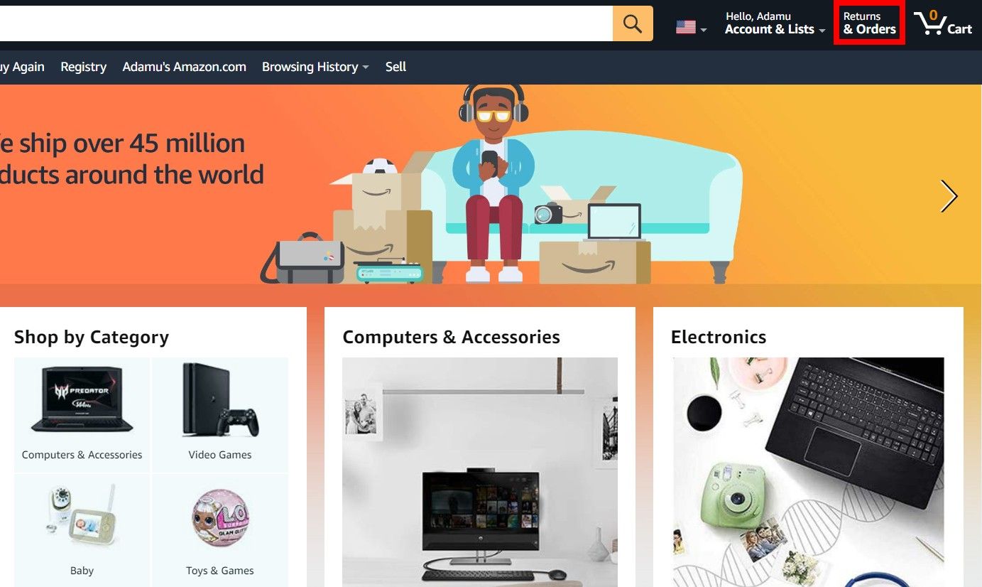 A screenshot of the Amazon homepage with the refunds & orders option highlighted