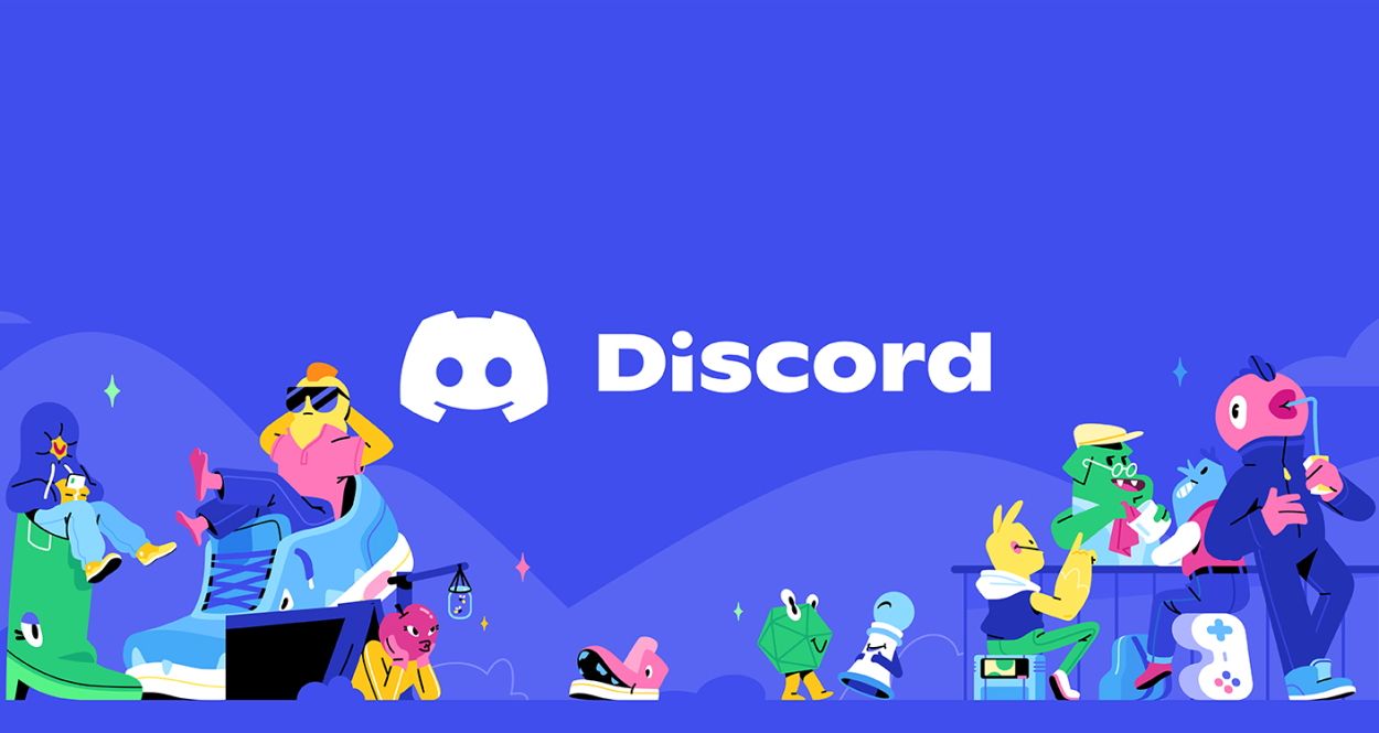 The Discord logo aabove several cartoon characters that are sitting around tables and sitting in shoes