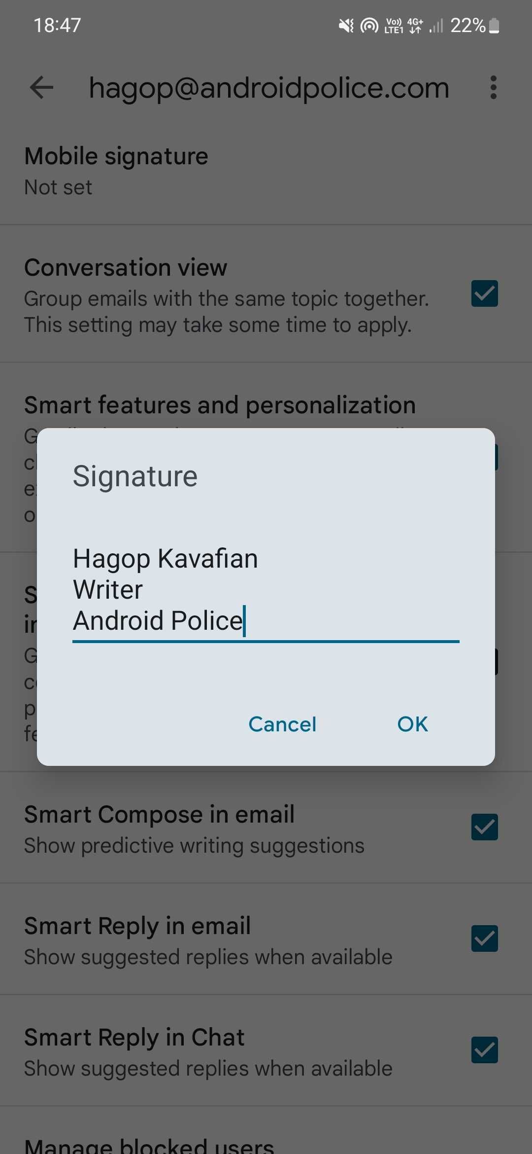 Creating the email signature in the Android Gmail mobile app
