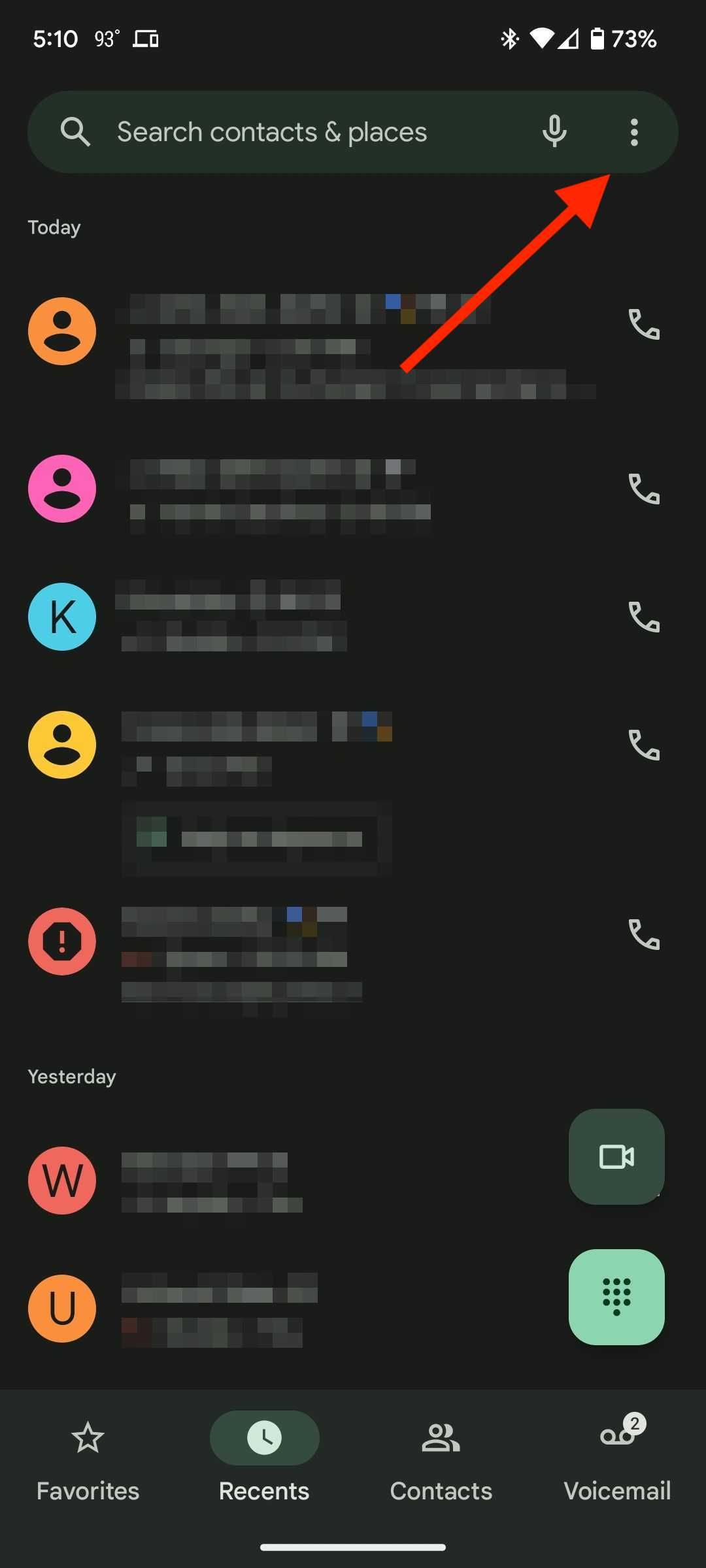 The Google Pixel phone app with a red arrow pointing to the three dots at the top right