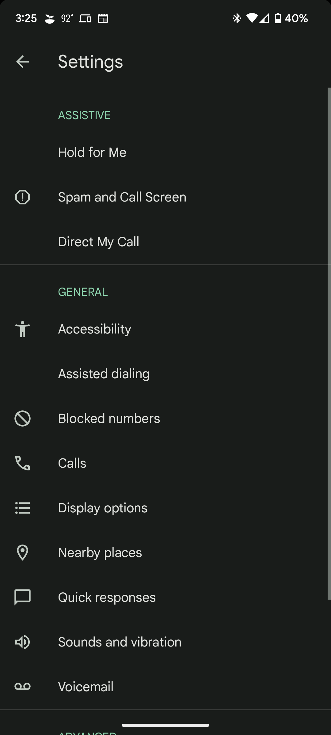 The Google Phone app Settings page