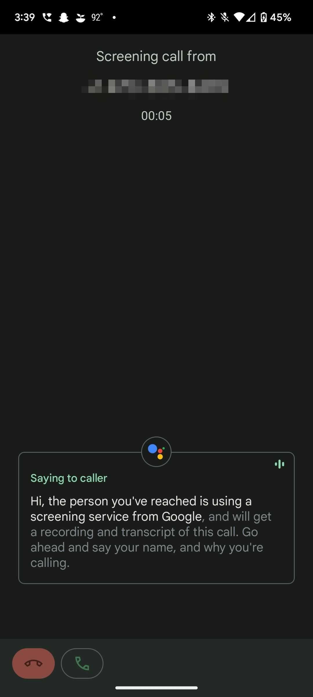 Google Pixel Call Screening transcribing an ongoing conversation