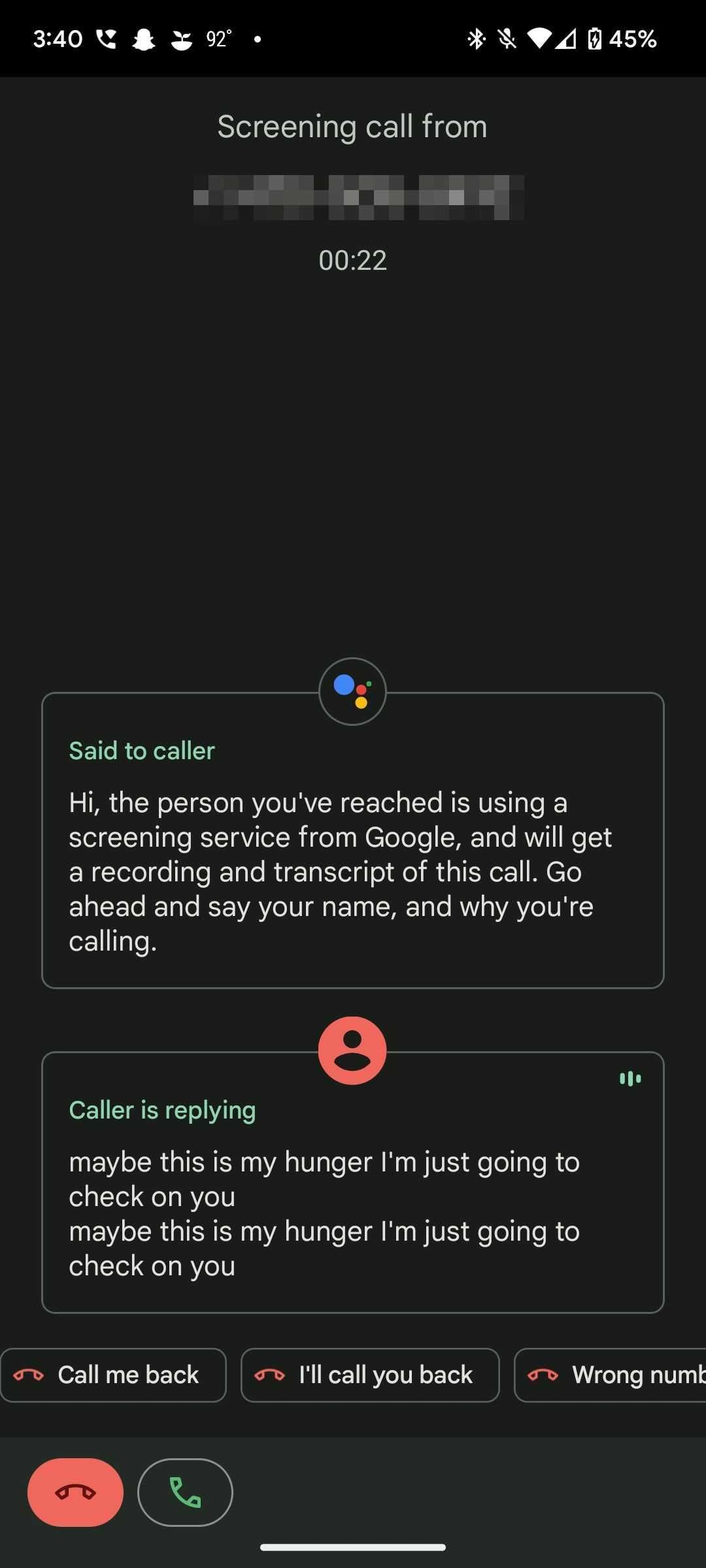 Google Pixel Call Screening transcribing an ongoing conversation