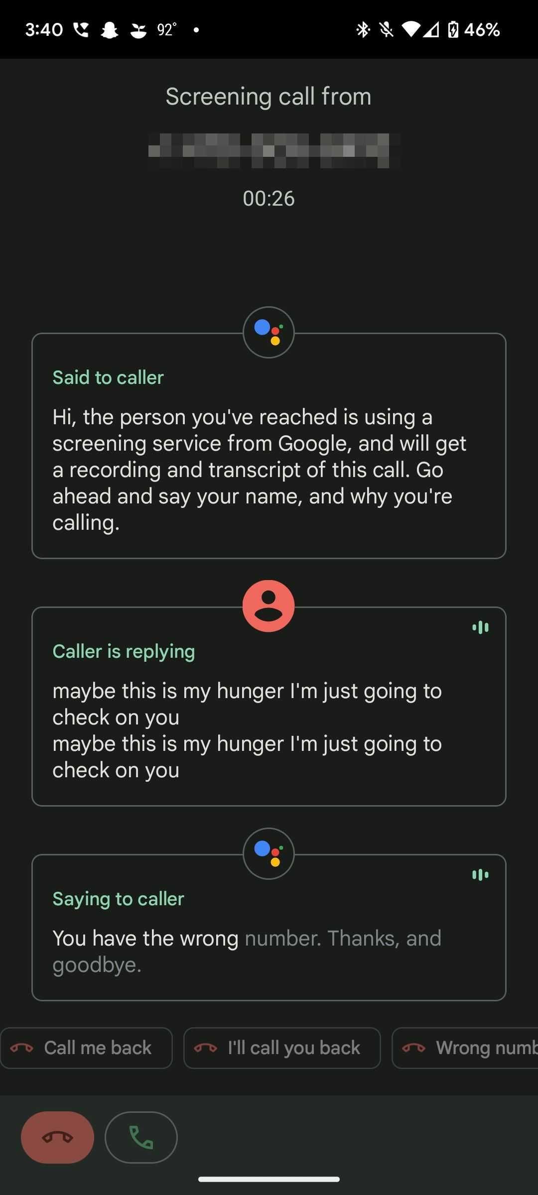 Google Pixel Call Screening transcribing an ongoing conversation