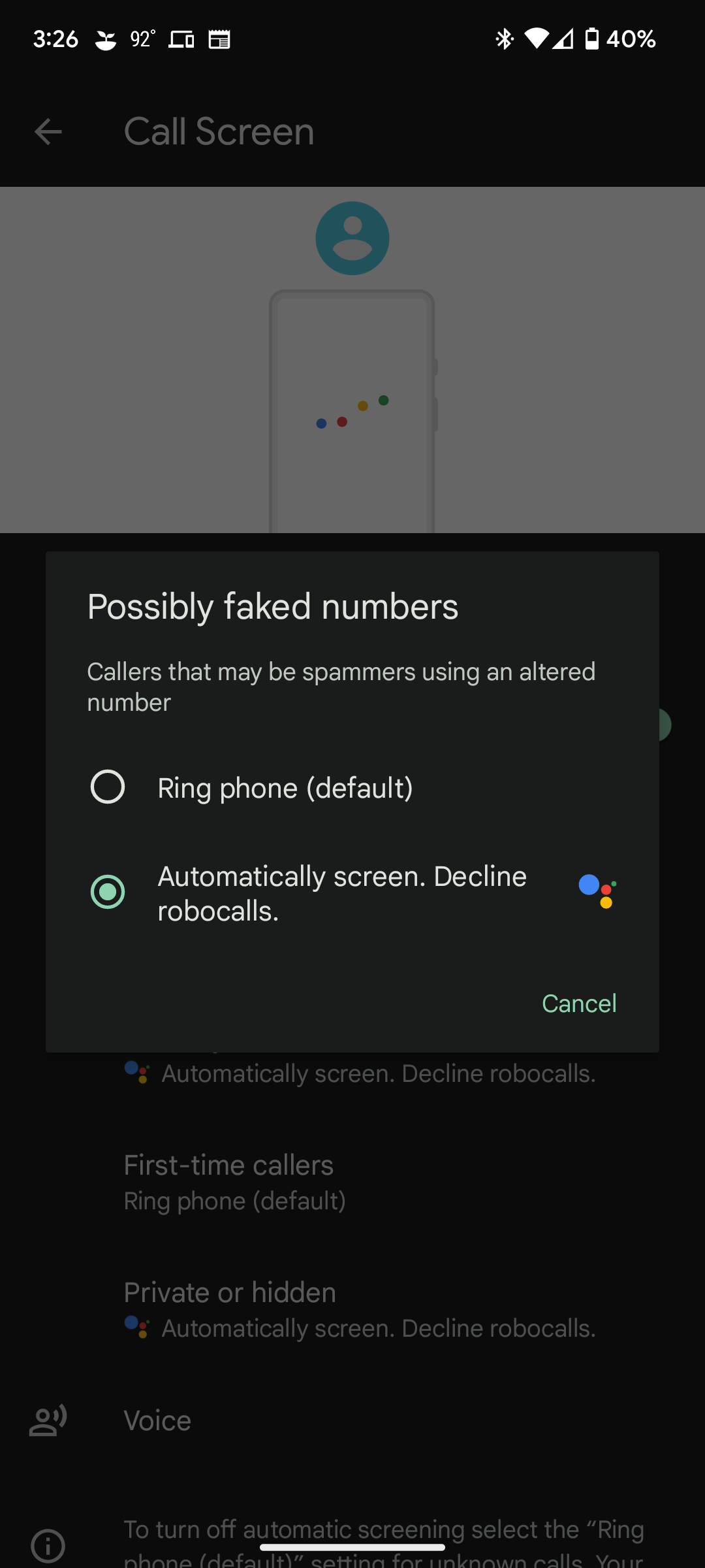 Google Pixel Call Screen possible faked numbers settings