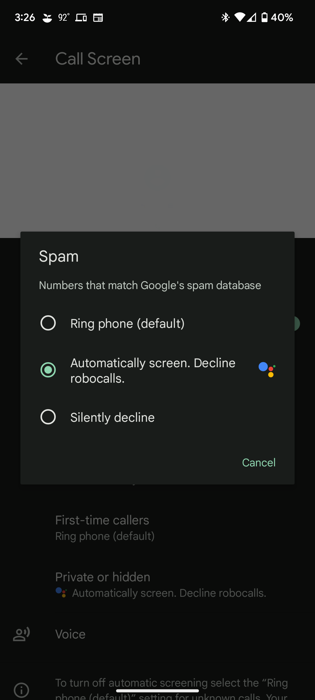 Google Pixel Call Screening spam settings