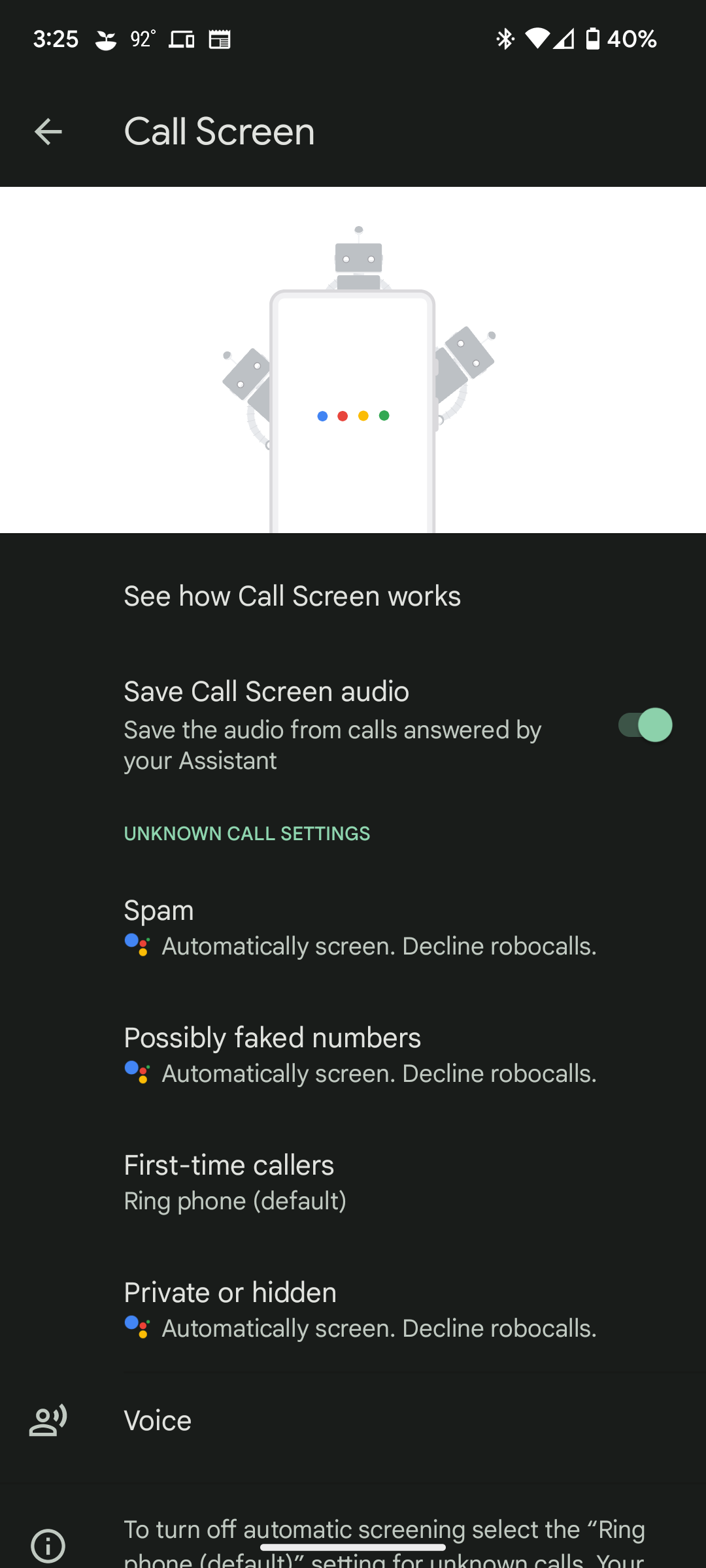 Google Pixel Call Screen settings