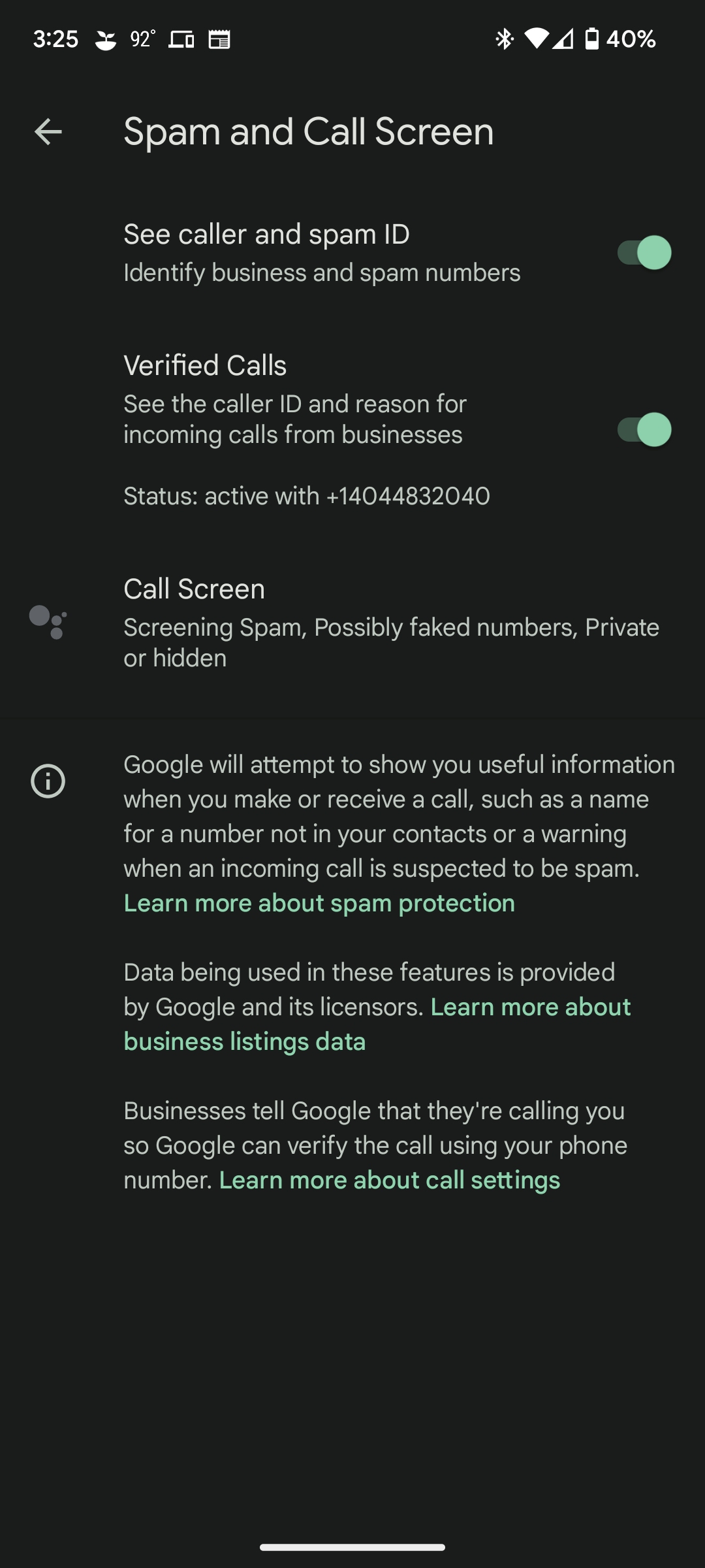 Google Pixel Call Screen settings