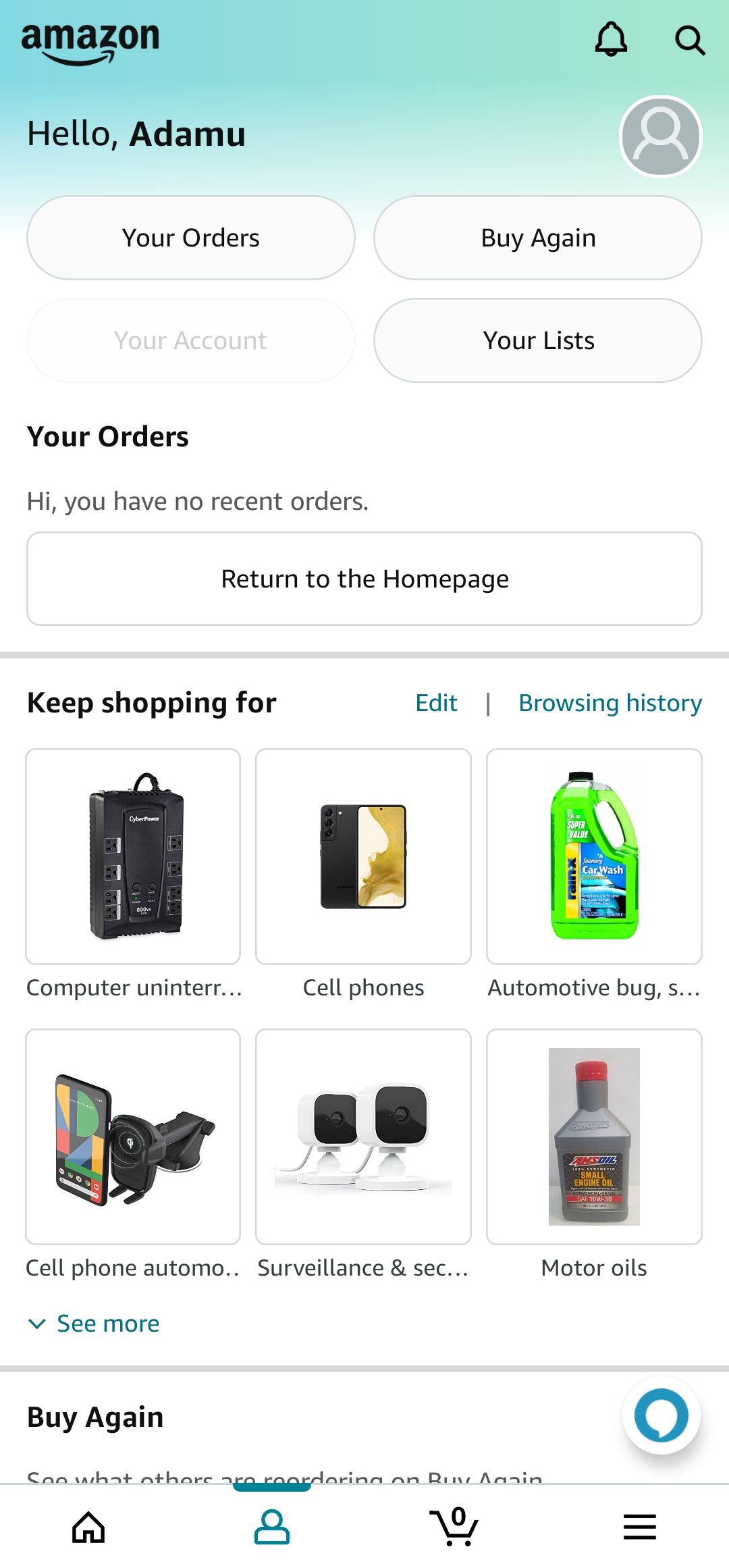 Amazon mobile app account tab