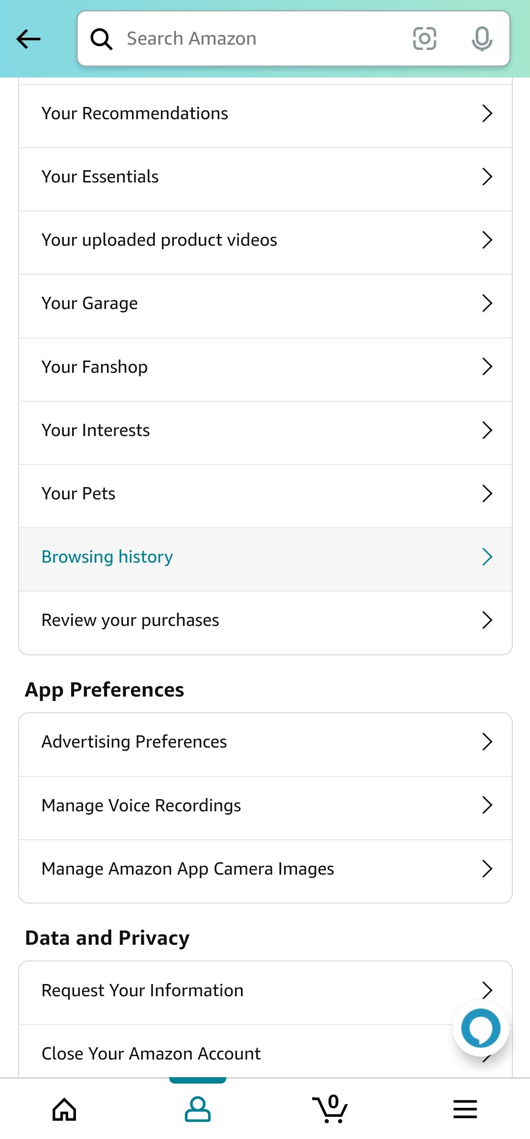 Amazon account page showing browsing history option