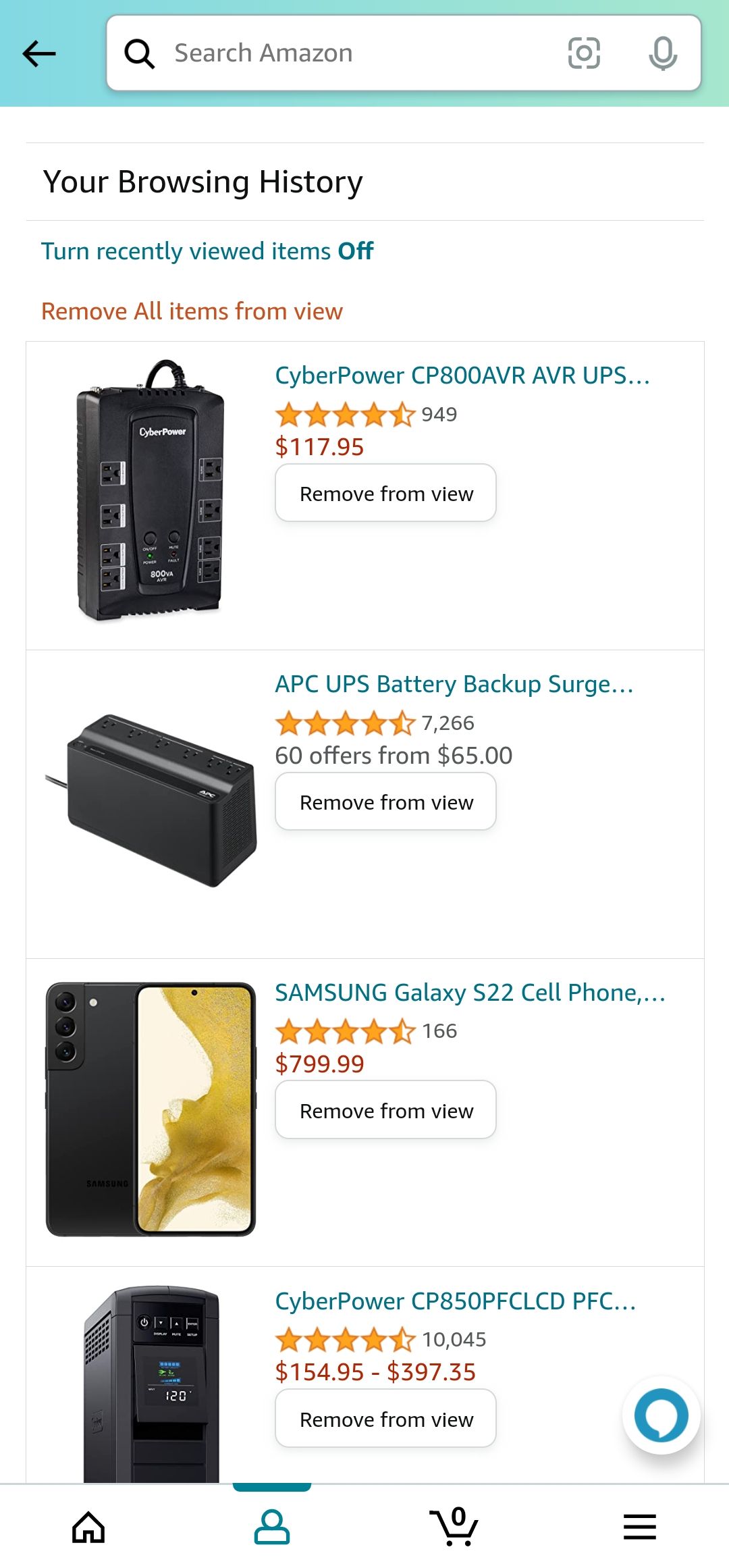 Amazon mobile app browsing history page