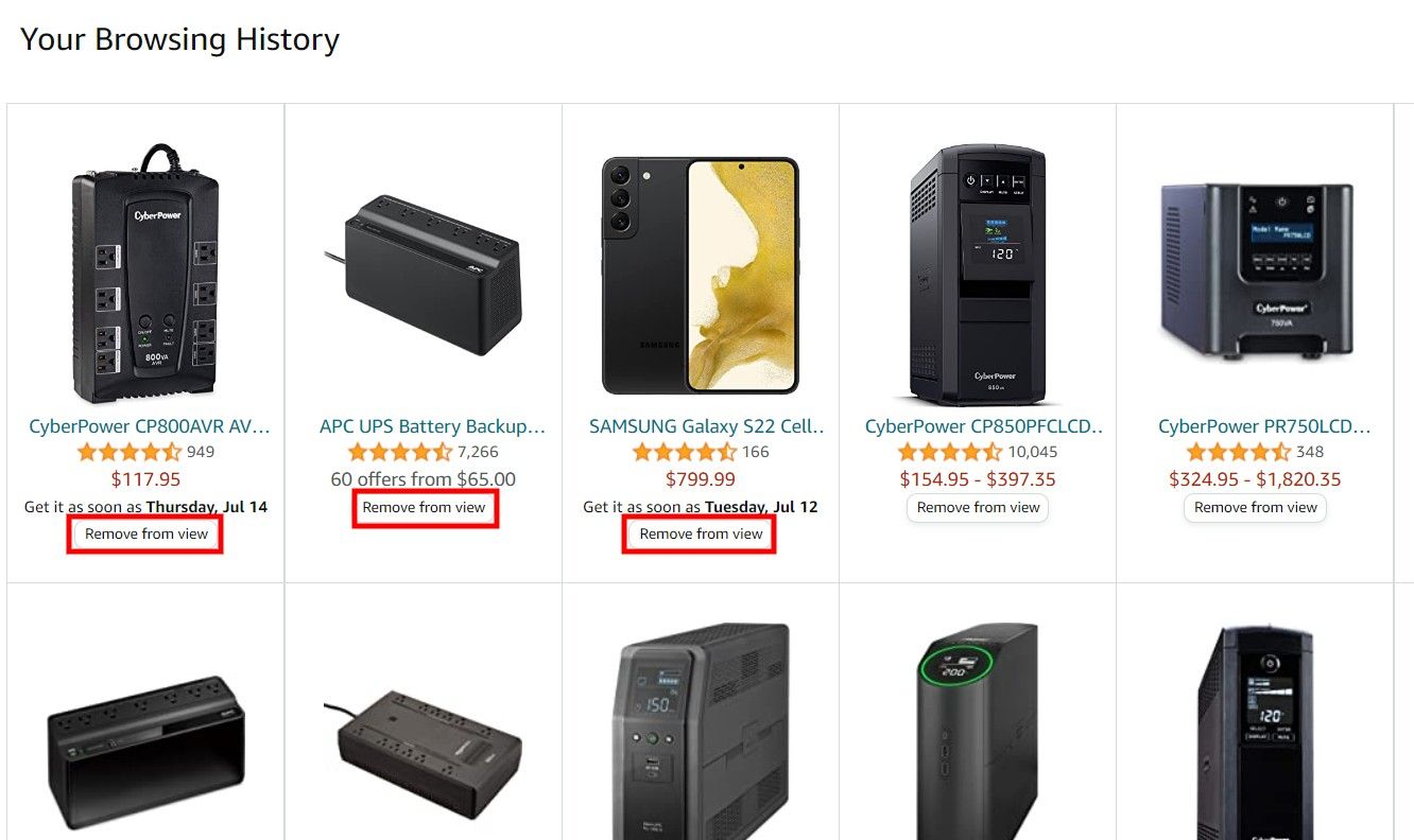 Amazon browsing history page screenshot showing remove from view button