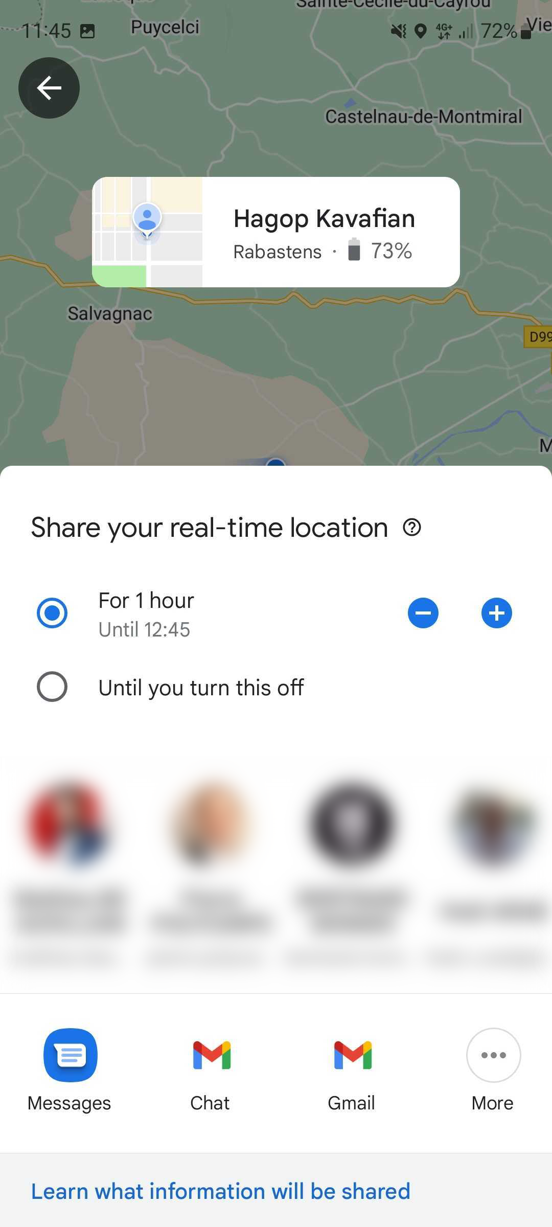 Captura de tela da tela de compartilhamento de localização do Google Maps