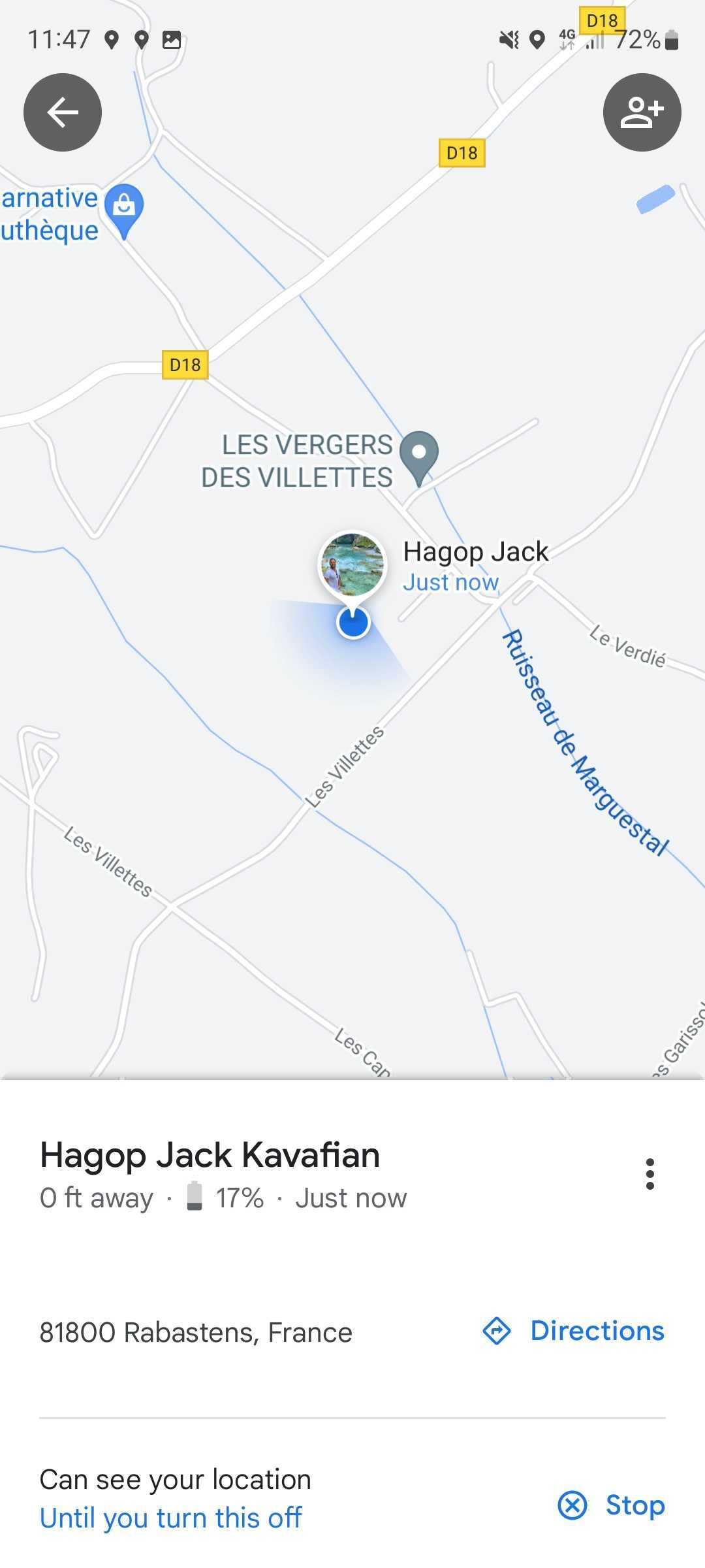 Captura de tela do aplicativo Google Maps mostrando a localização de um contato