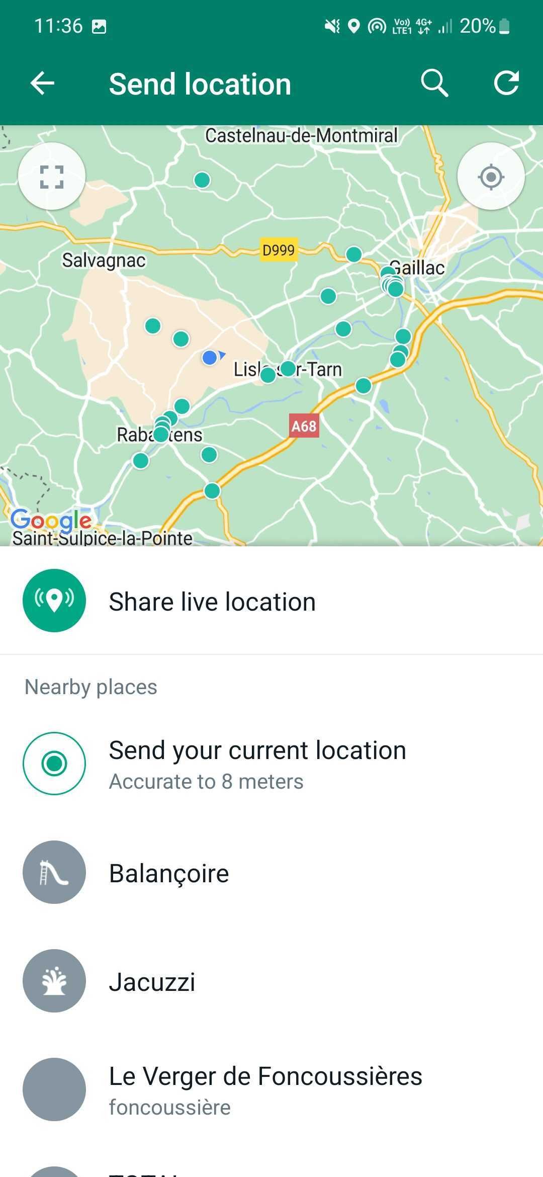 Captura de tela da tela de compartilhamento de localização do Whatsapp