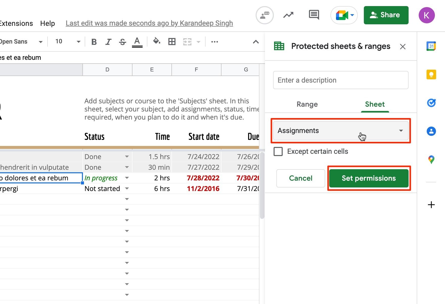 Google Sheets: How to lock cells