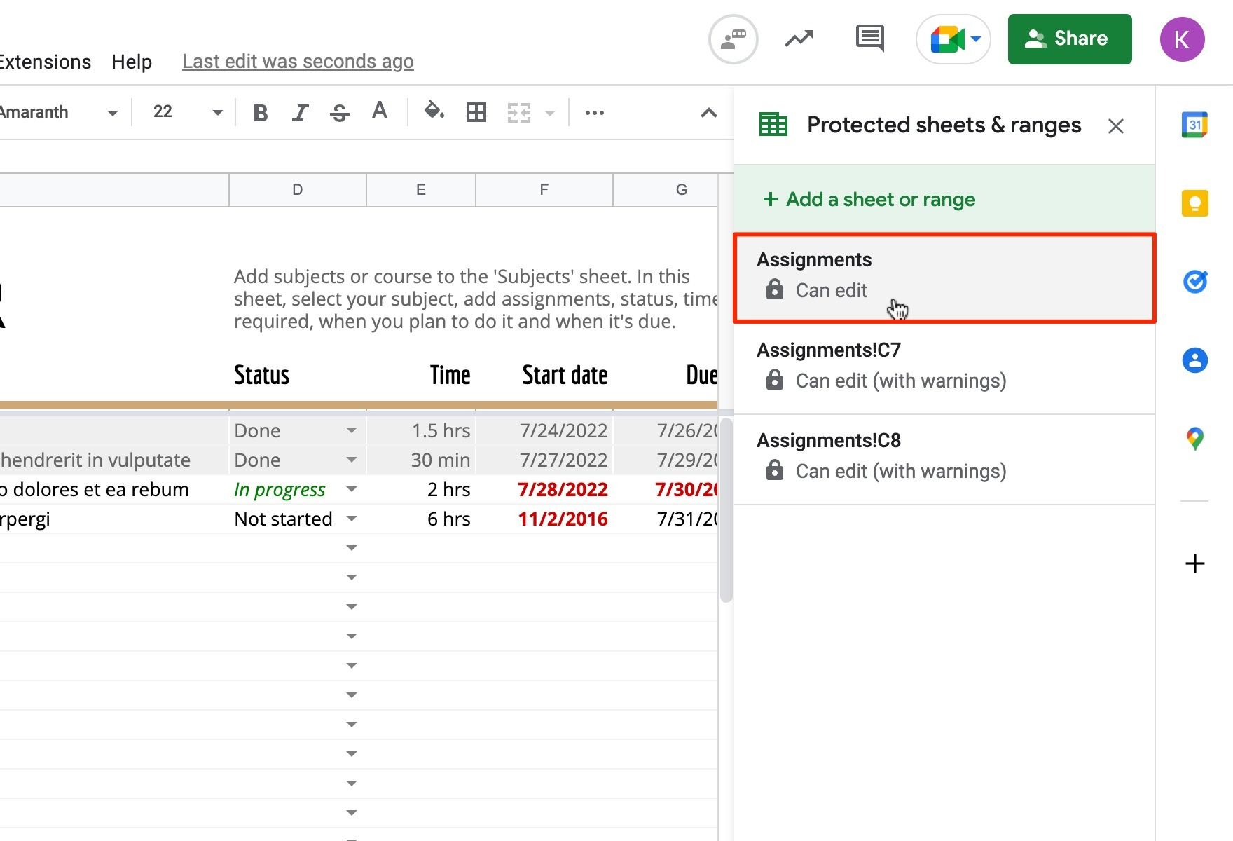 Google Sheets How to lock cells