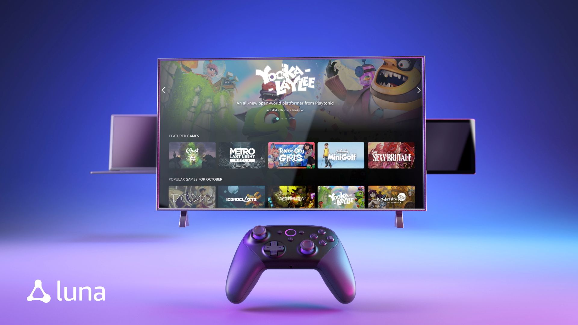 amazon luna controller in front of three screens with purple background