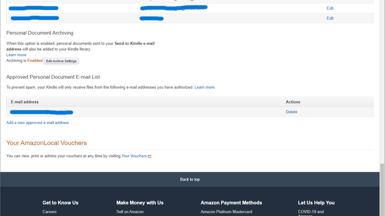 Screenshot shows the approved personal document e-mail list in Amazon account settings.