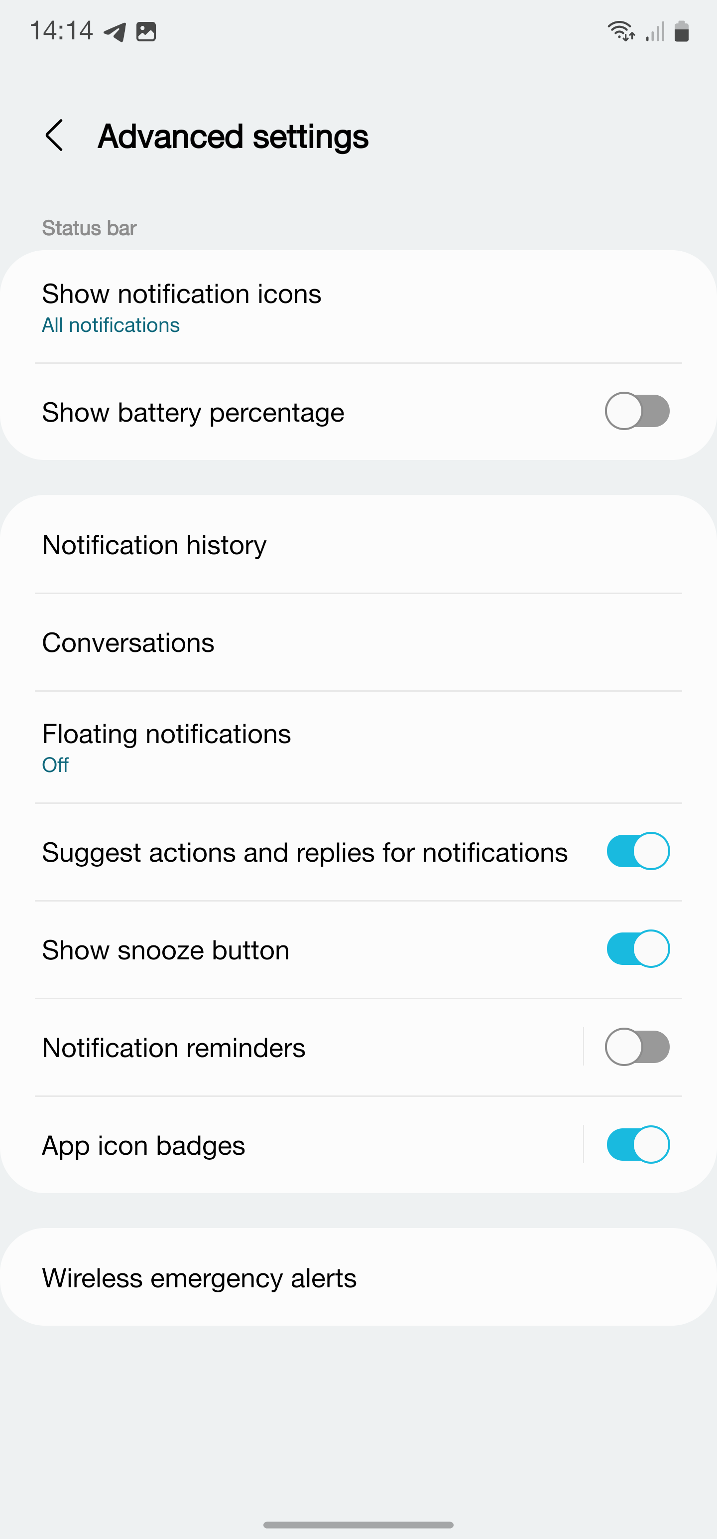Notification settings with snooze enabled on Android.