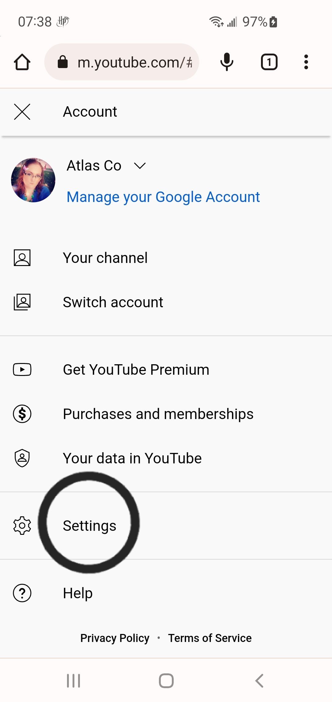 Select Settings on the Account page of the YouTube app
