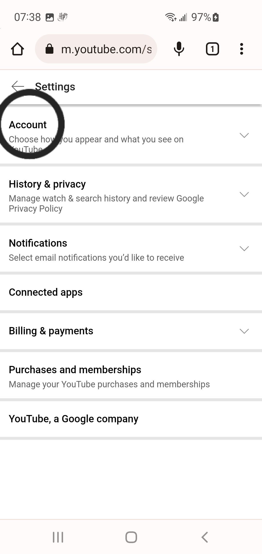 In the YouTube app, go to Settings and select Account
