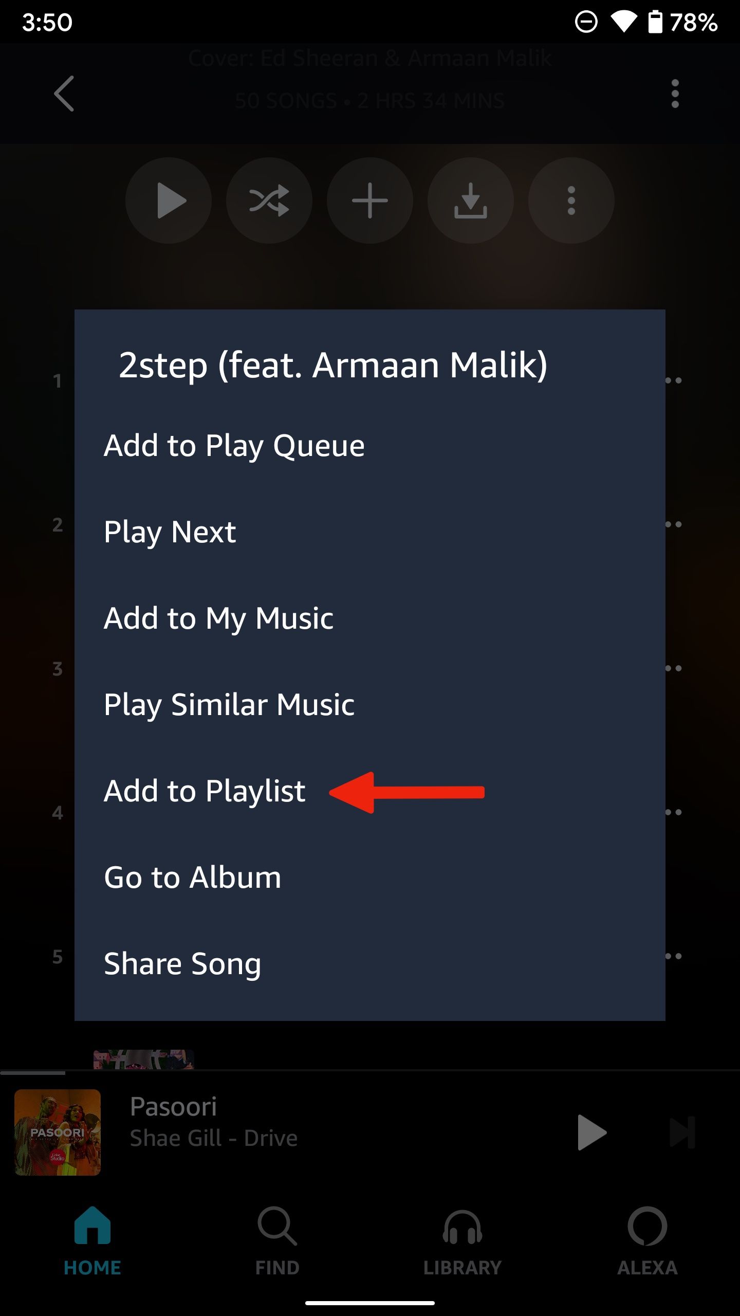 An options popup appears for a specific song in the Amazon Music app, with an arrow pointing to 