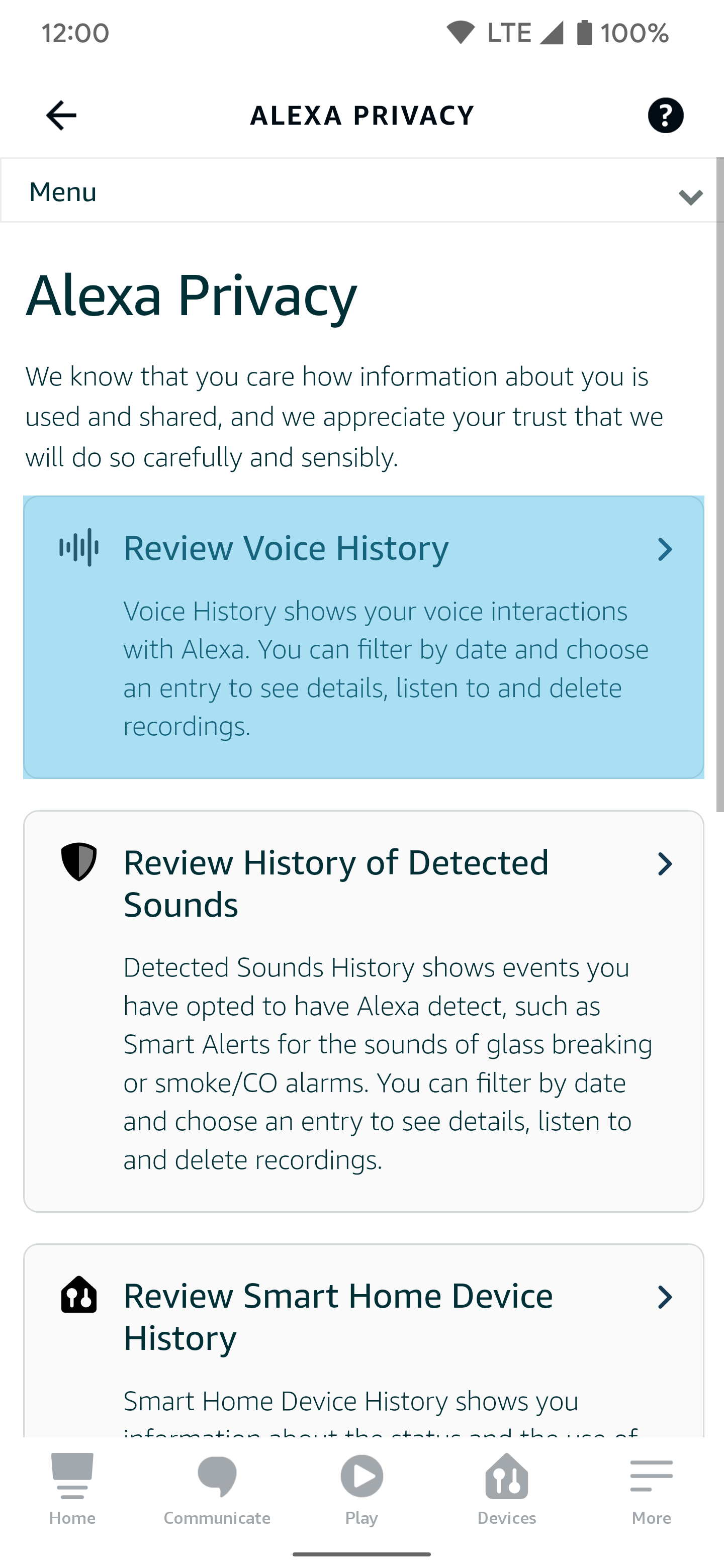 Cuplikan layar aplikasi Alexa untuk Android dengan penjelas Tinjauan Riwayat Suara disorot. 