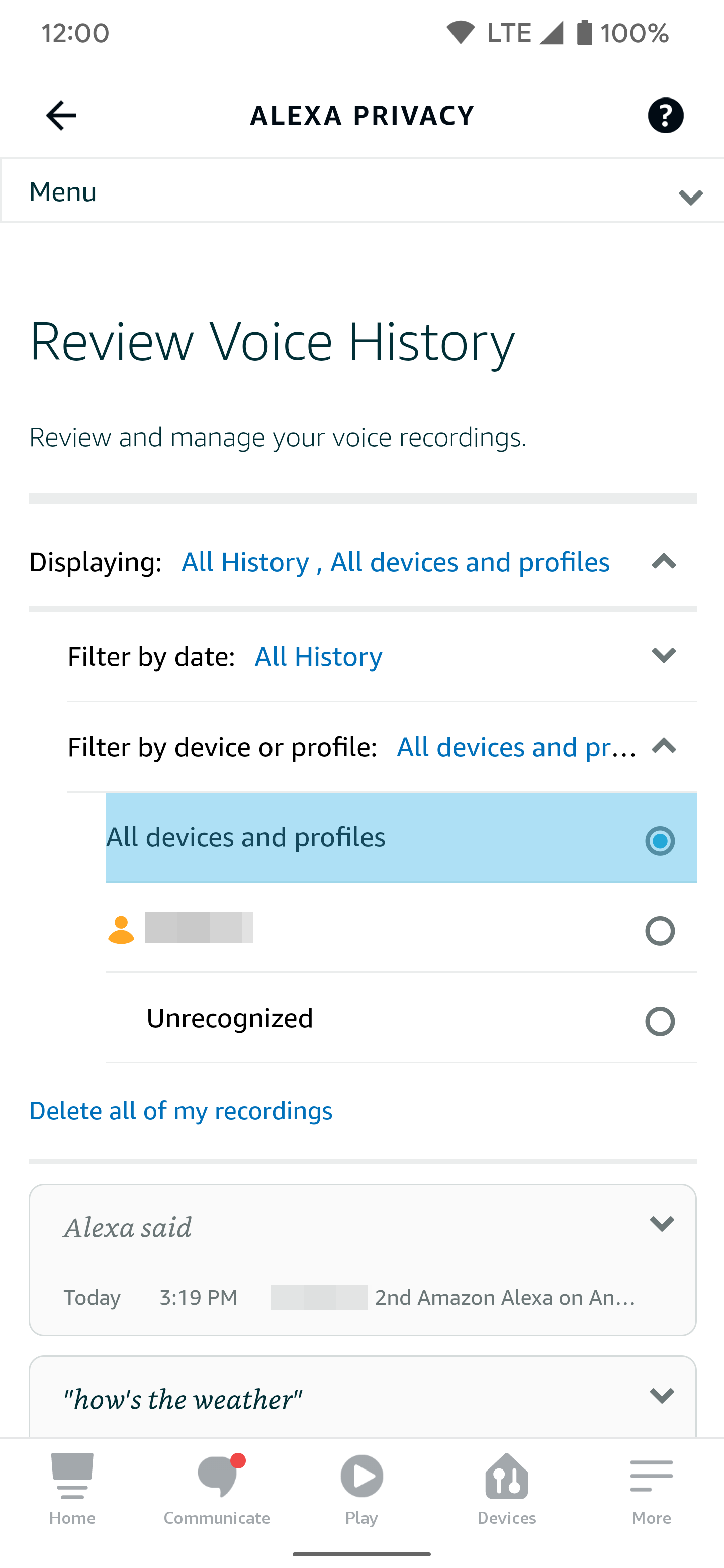 Tangkapan layar aplikasi Android Alexa dengan tab Privasi Alexa terbuka dan opsi untuk menghapus semua profil dan perangkat disorot. 