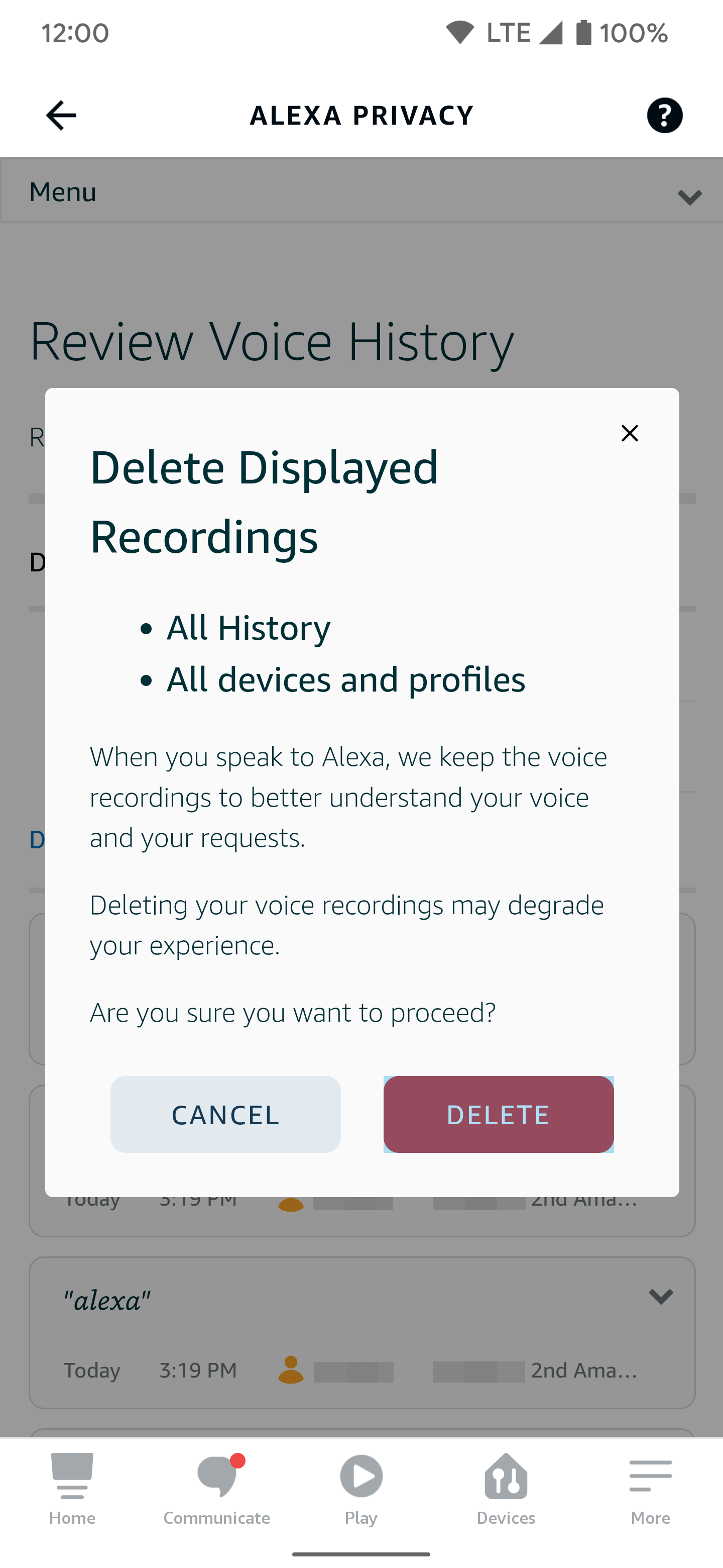 Tangkapan layar aplikasi Amazon Alexa untuk Android dengan sembulan untuk menghapus Rekaman yang Ditampilkan. 