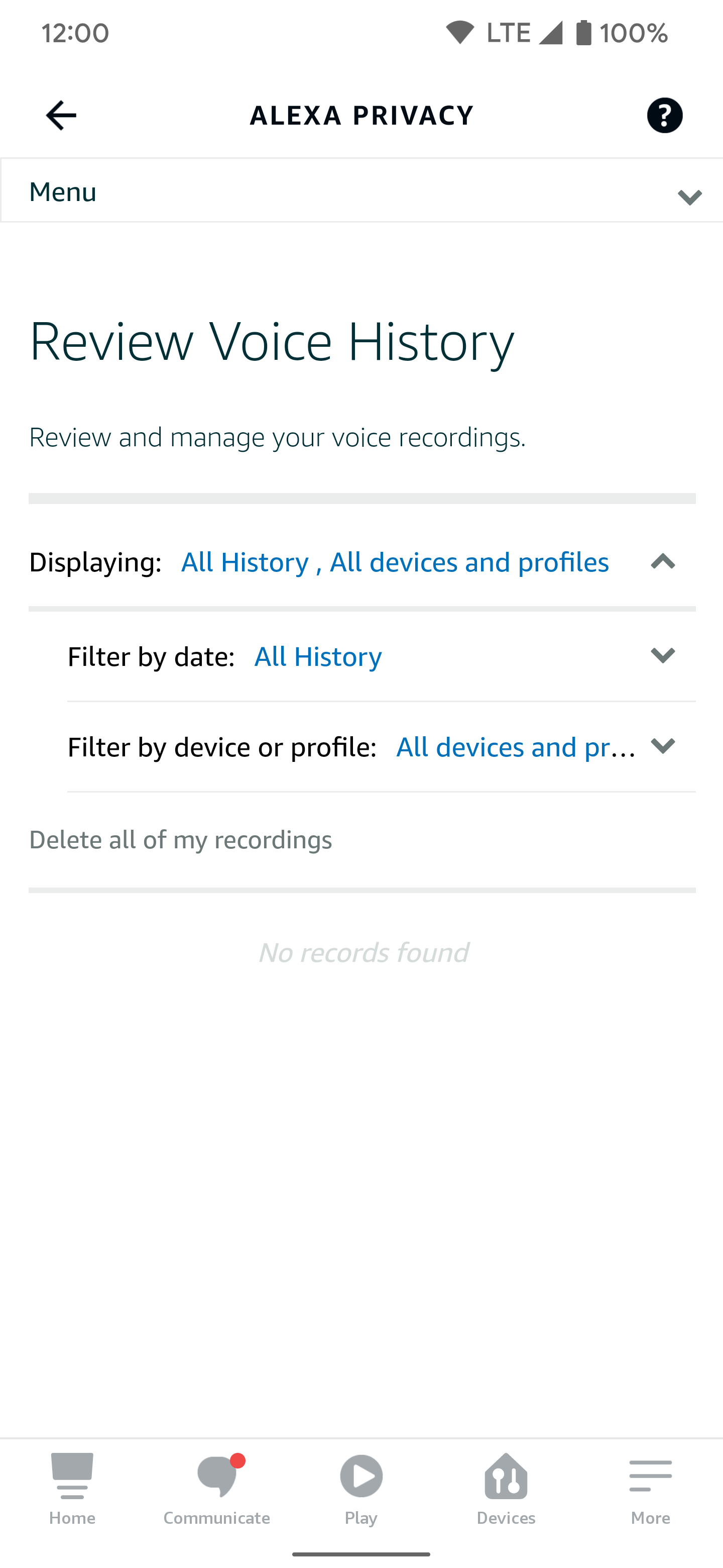 Tangkapan layar halaman privasi Alexa di aplikasi Android yang memiliki opsi Tinjau Riwayat Suara. 