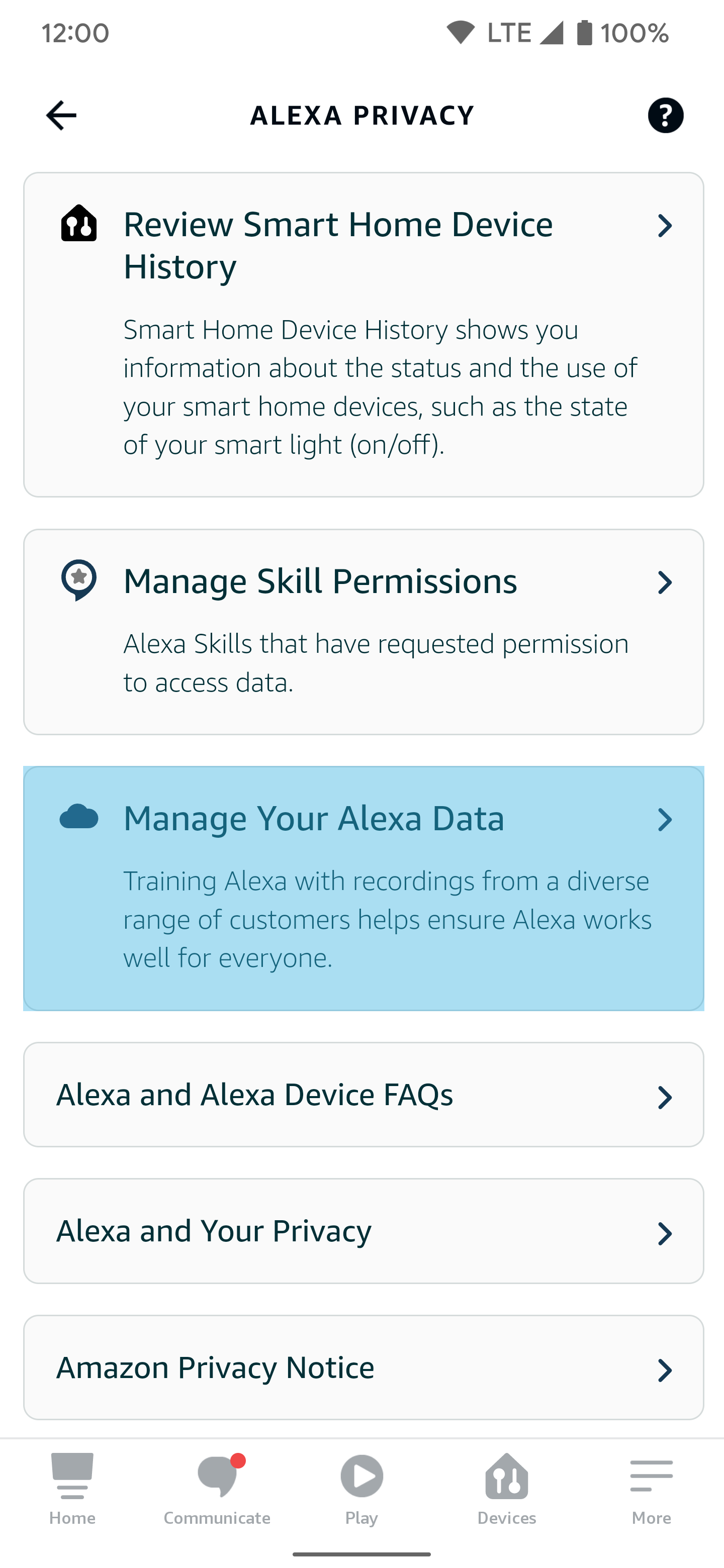 Tangkapan layar aplikasi Alexa untuk Android dengan Kelola Data Alexa Anda disorot