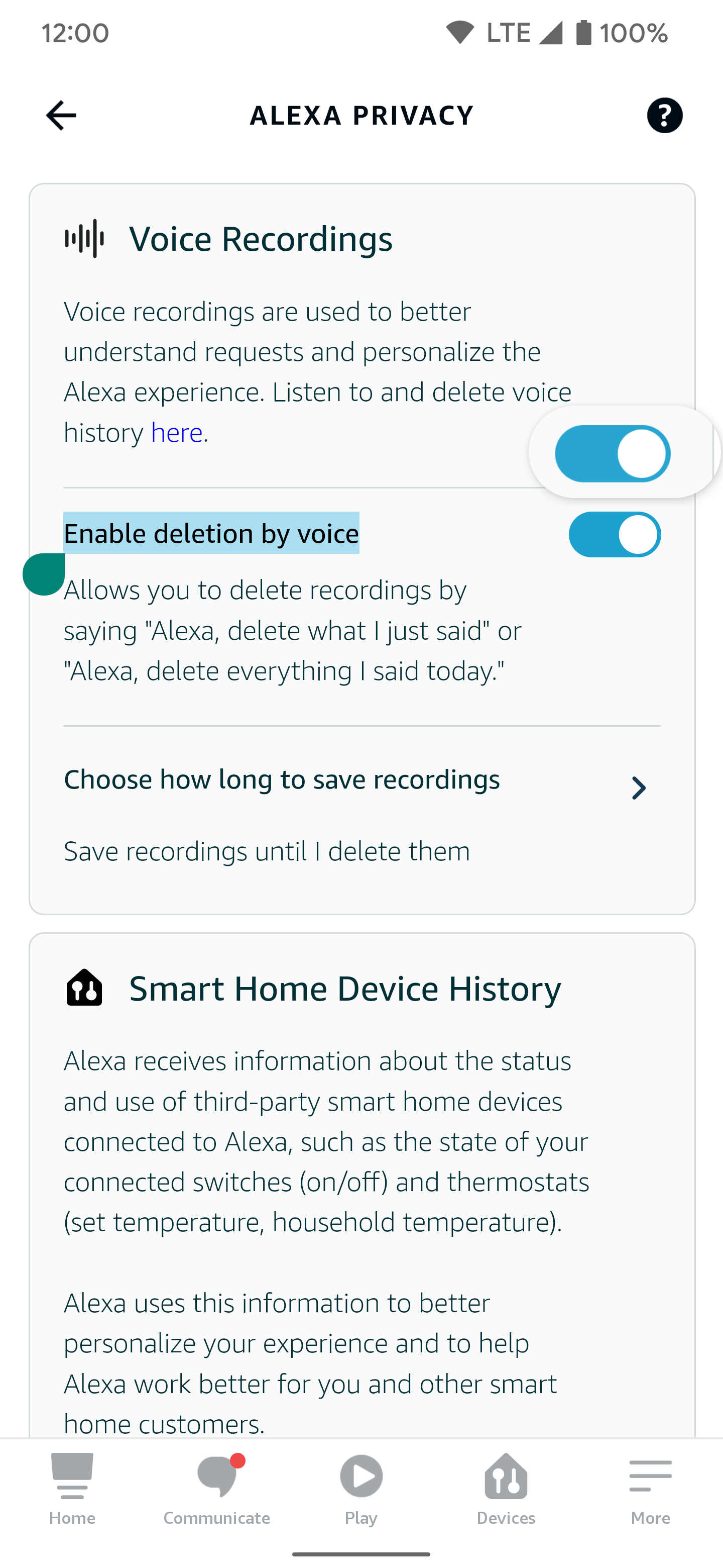 Tangkapan layar aplikasi Alexa untuk Android dengan fitur Penghapusan dengan Suara disorot.