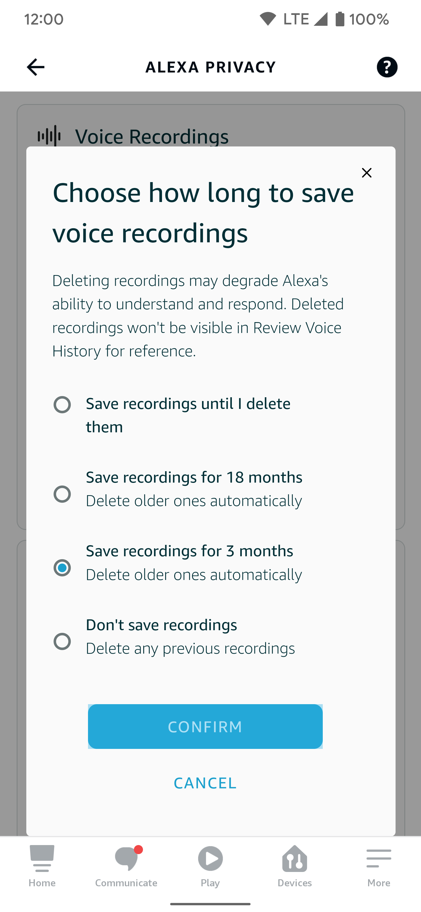 Tangkapan layar aplikasi Amazon Alexa dengan pop-up Pilih berapa lama untuk menyimpan rekaman suara Anda.