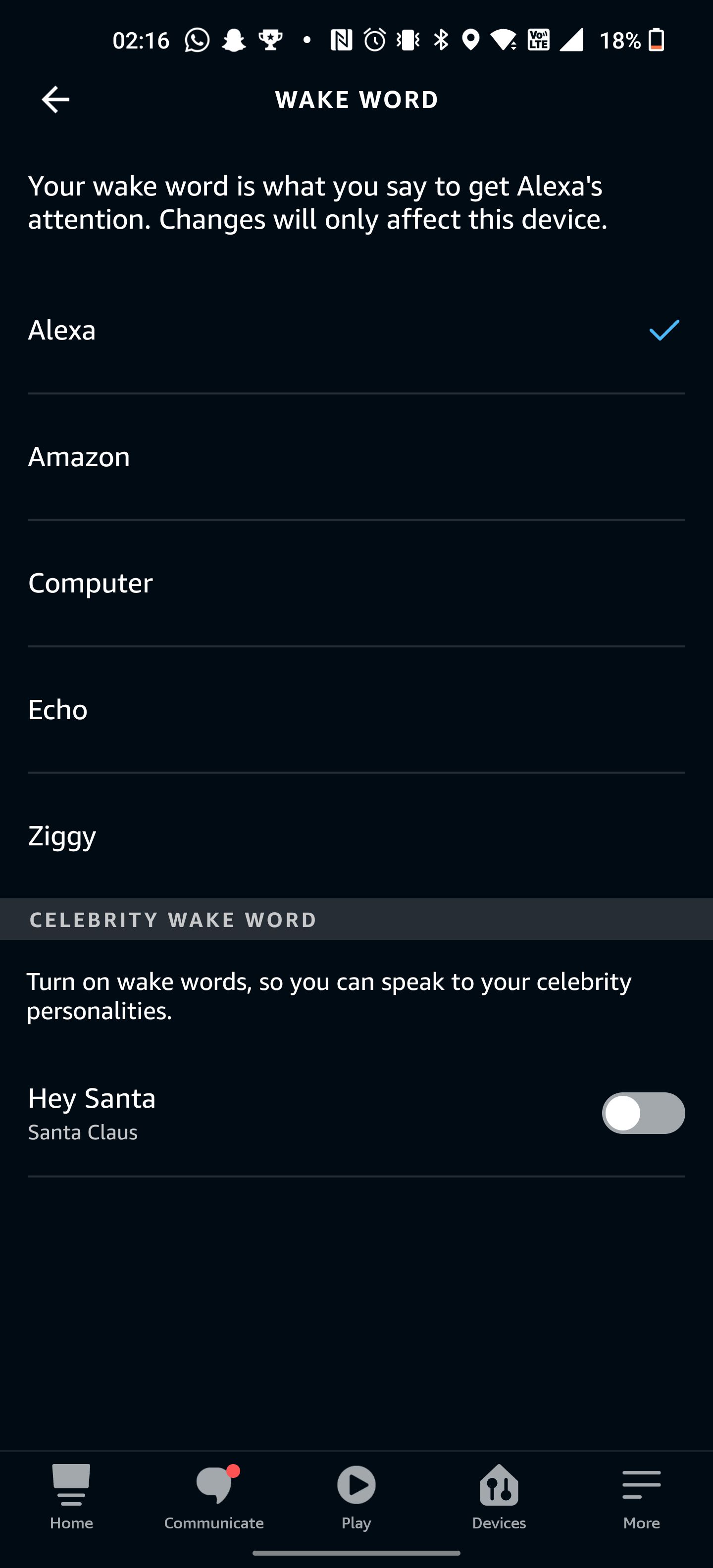 The Alexa app's wake word settings menu.
