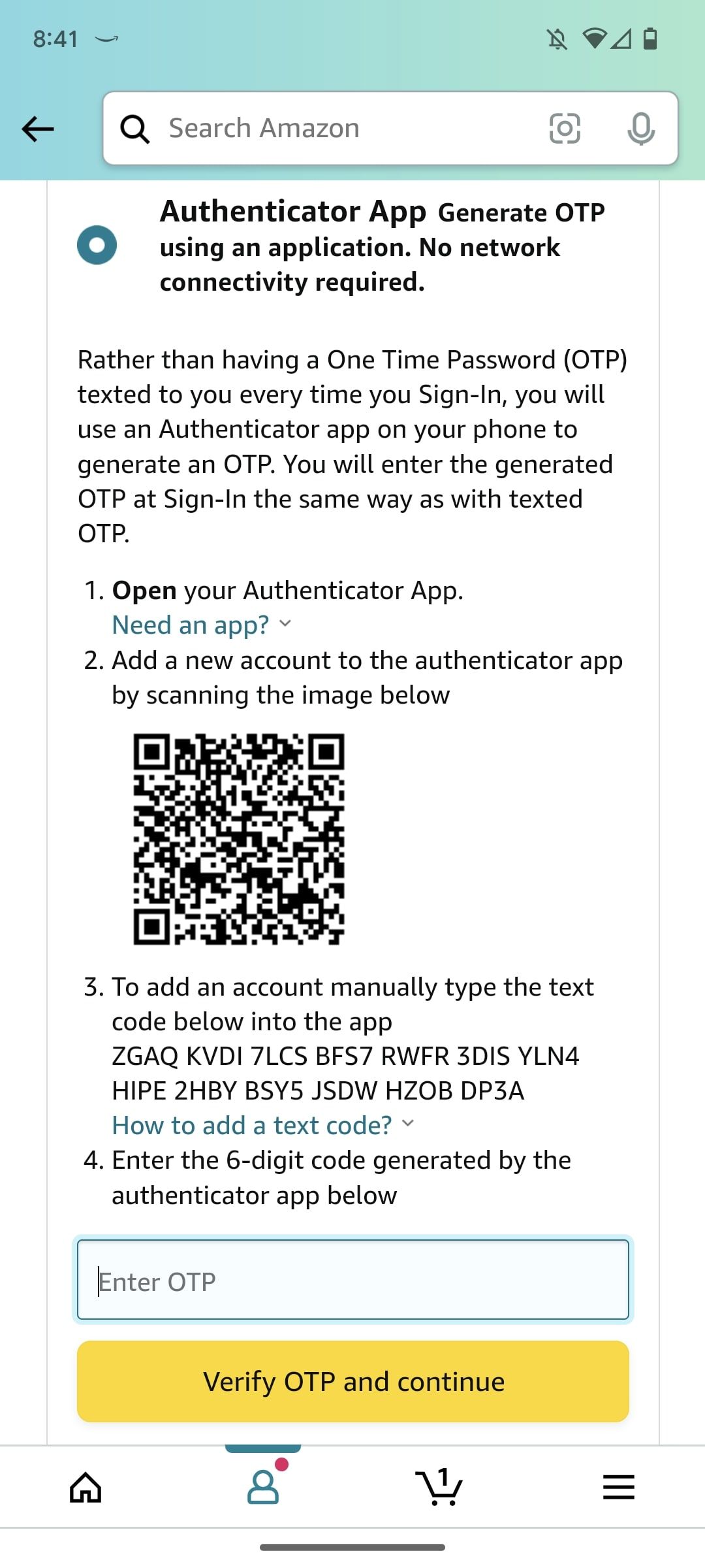 Amazon shopping app screen showing QR code for two factor authentication apps