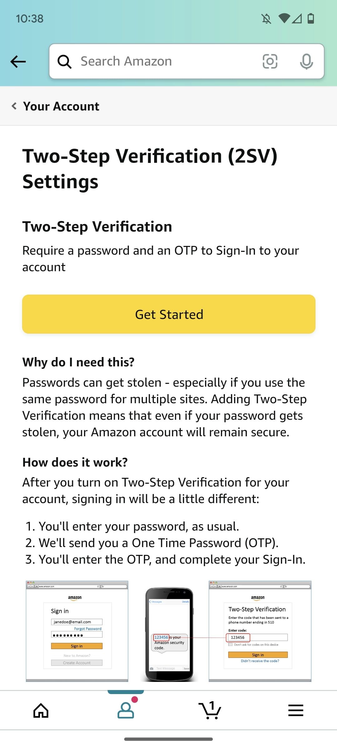 amazon shopping app two step verification settings