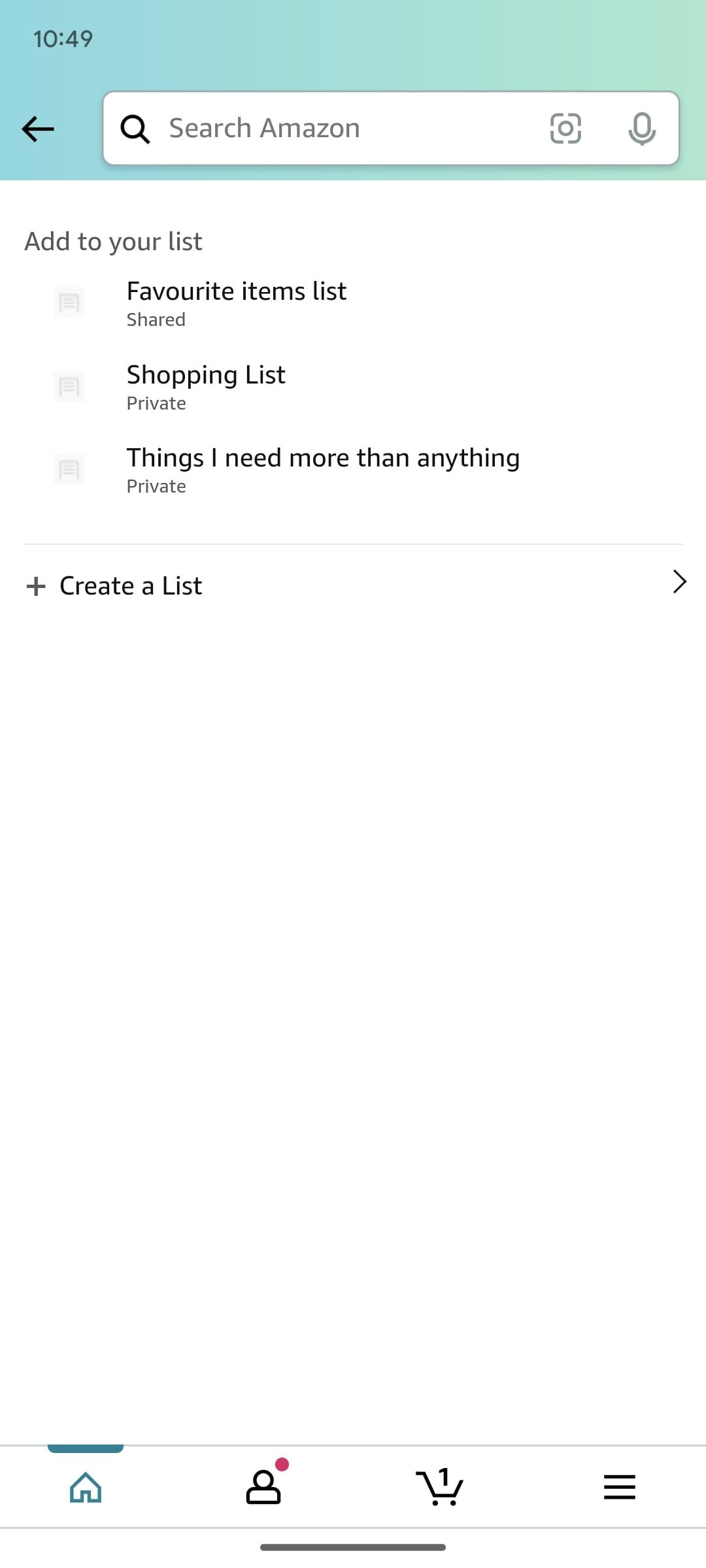 amazon shopping app showing list of your lists