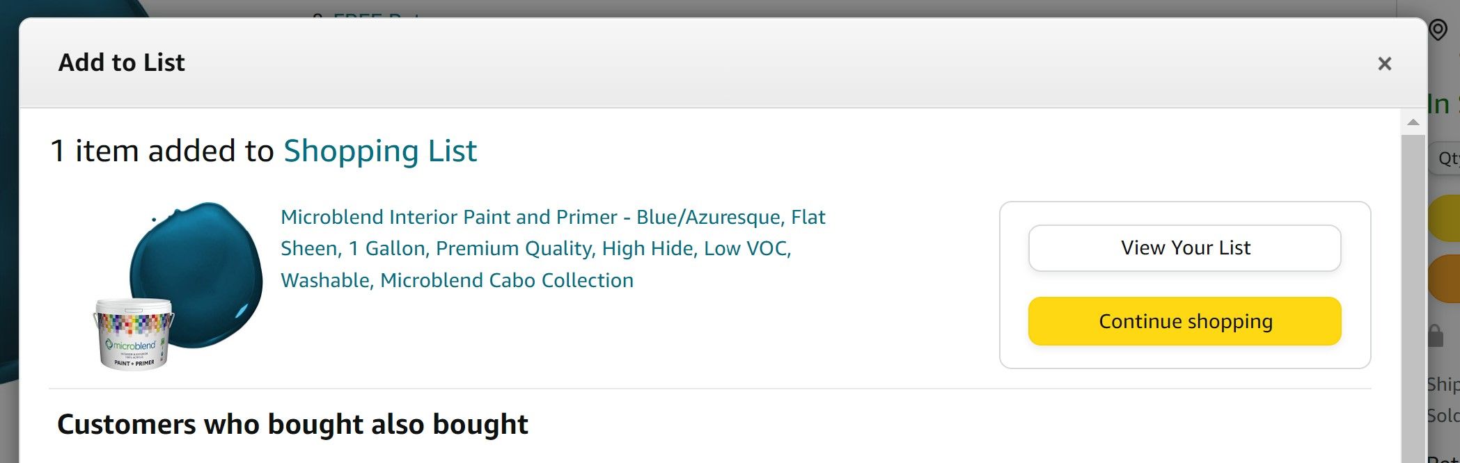 amazon shopping desktop website showing confirmation window for adding an item to a list