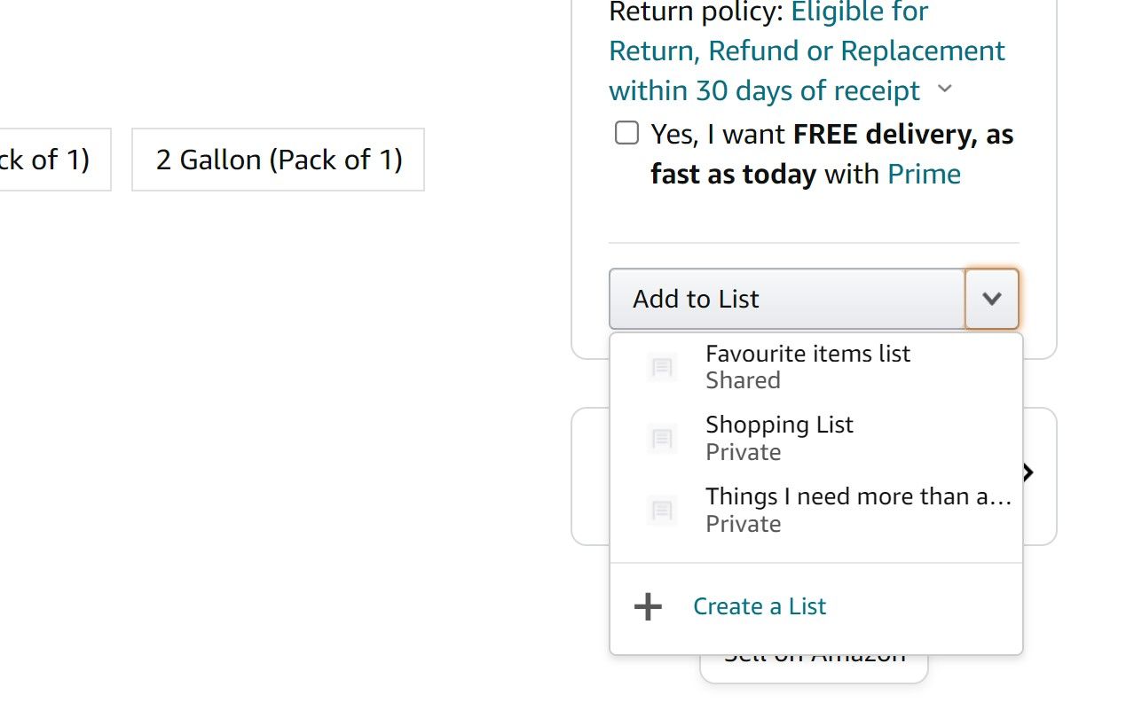 amazon shopping desktop website showing add item to list drop down menu