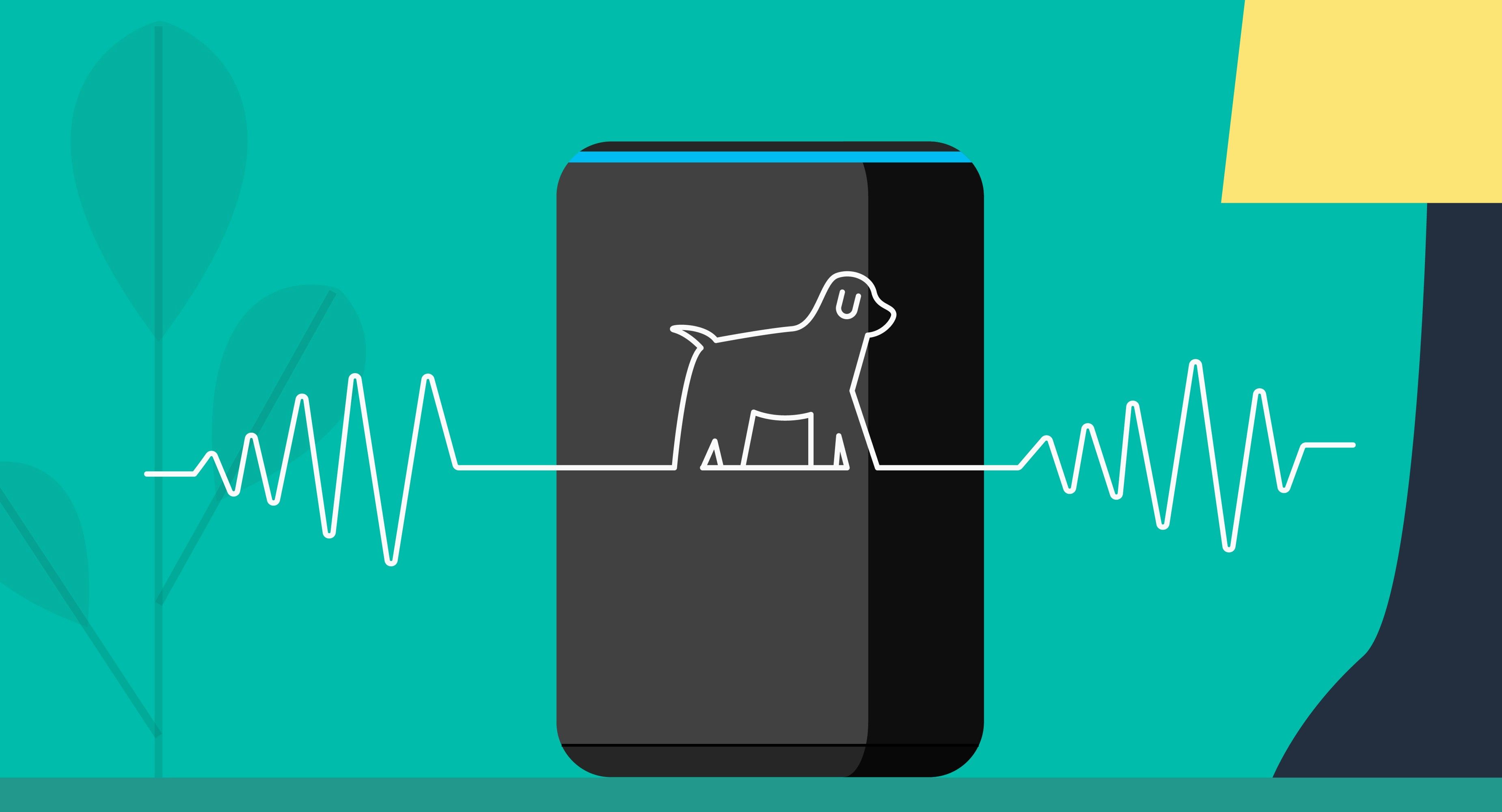 a vector image of an amazon echo is in the background over a field of green and there is a lineart image of a dog in a waveform over the top of the echo device