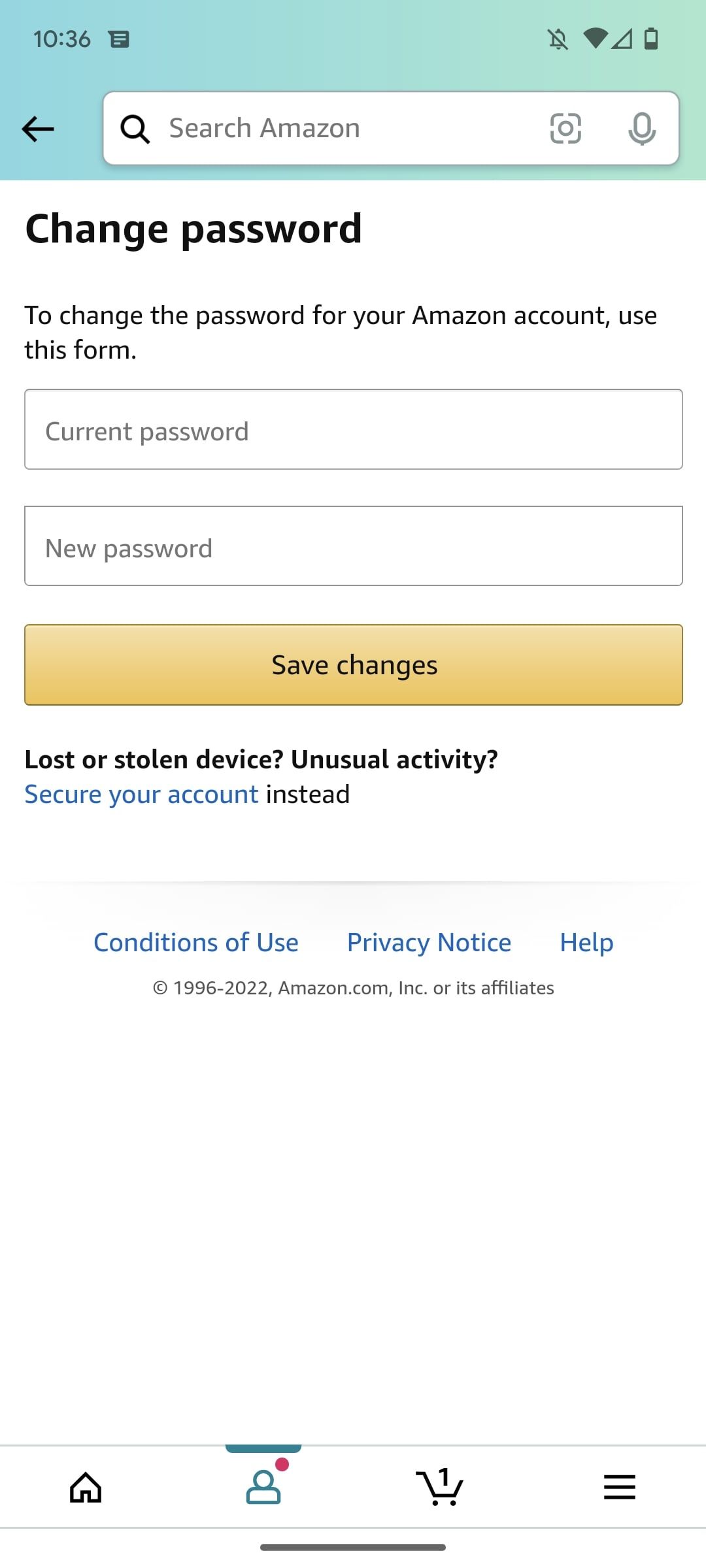 Amazon shopping app empty change password fields