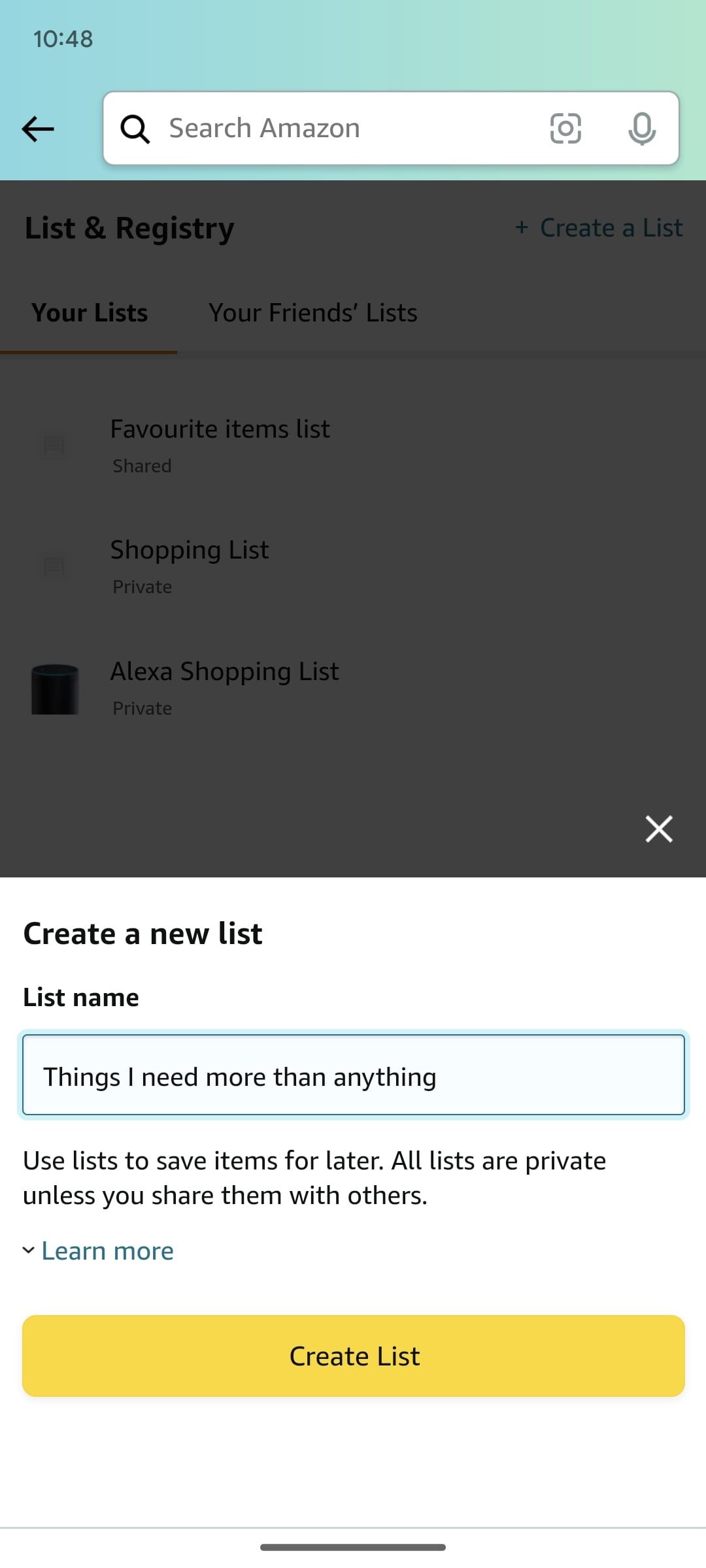 amazon shopping app create a list tool