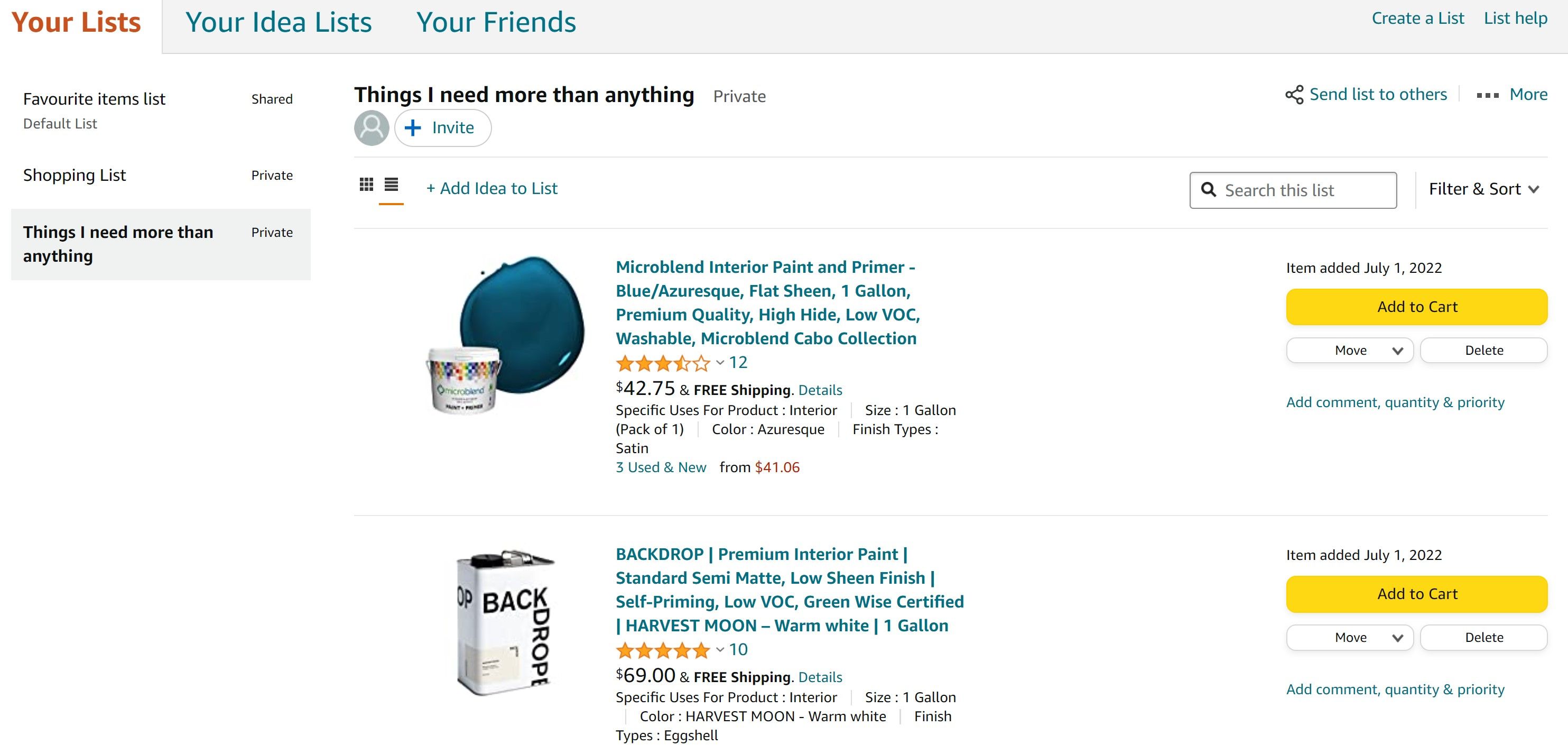 amazon shopping website showing a list with two items 