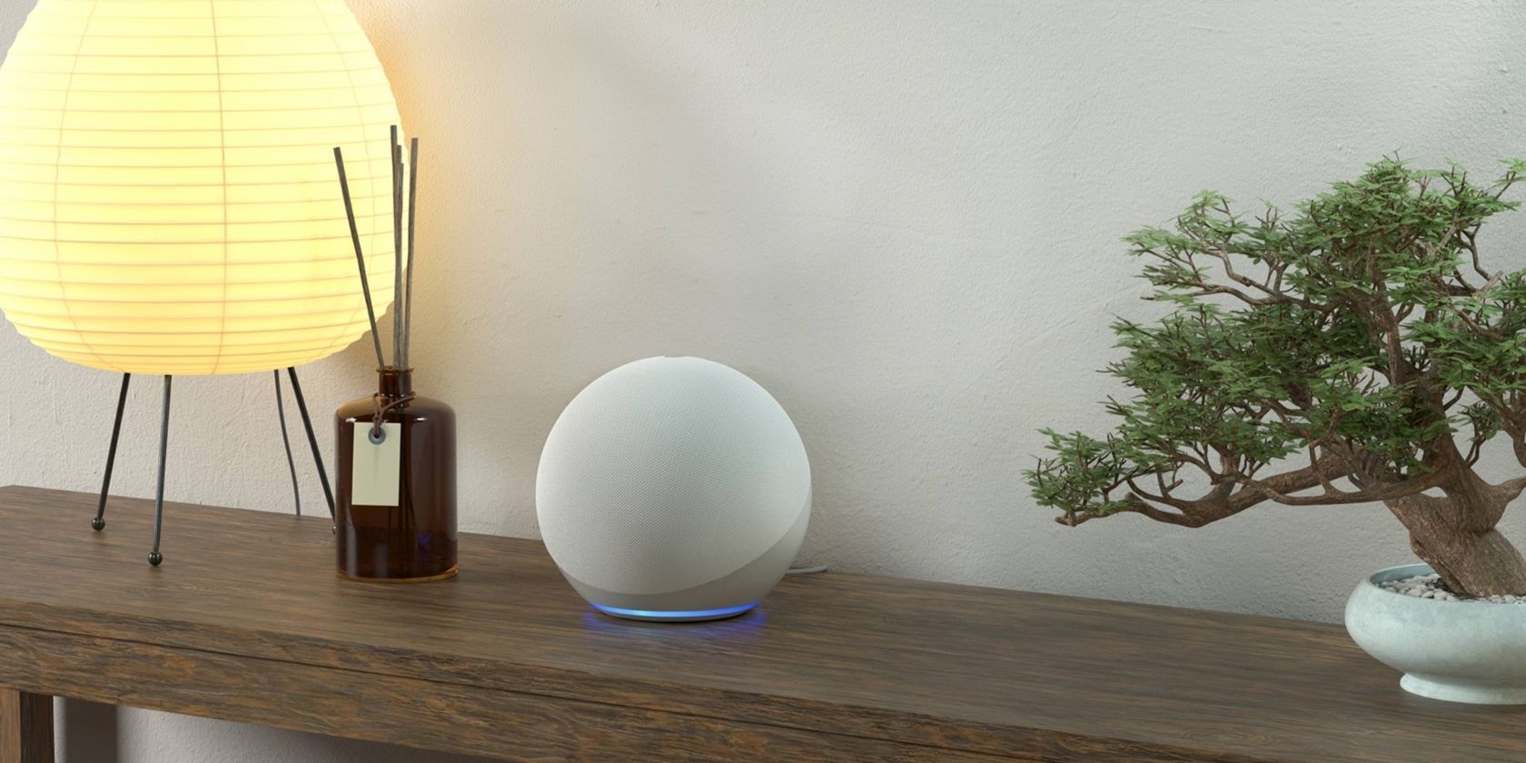 The Amazon Echo, a table lamp, and potted plant on a table stand