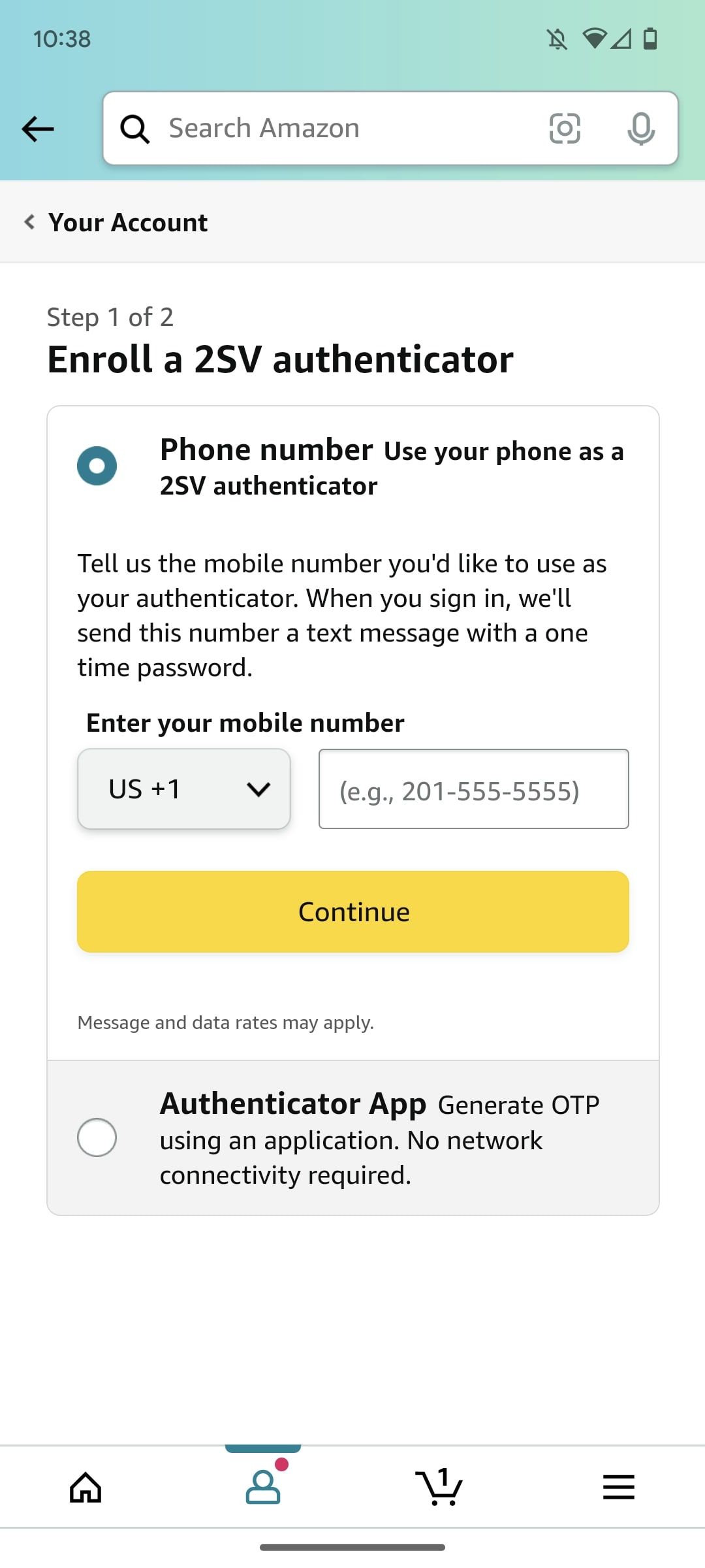 Adding a 2sv authentication app in the Amazon shopping app 