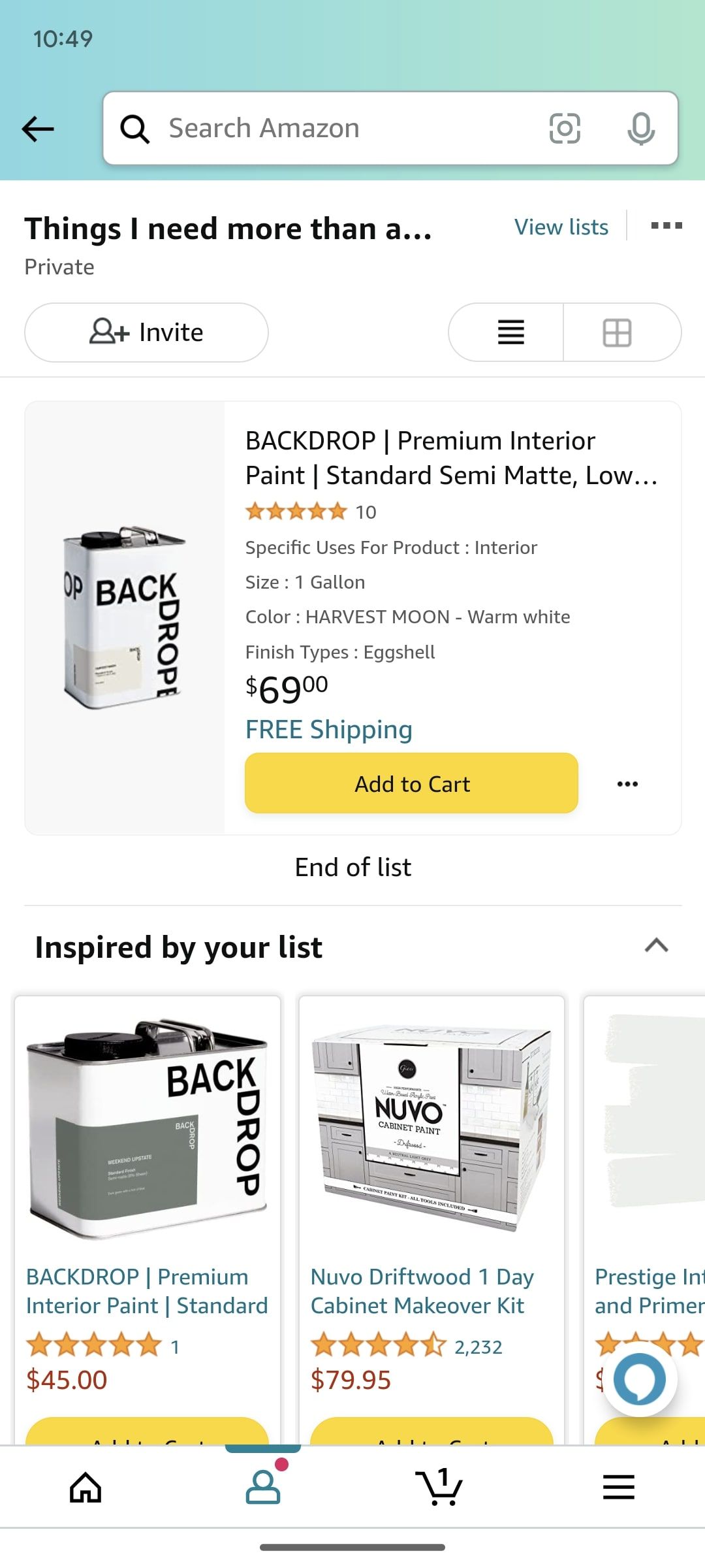 amazon shopping app profile screen showing list suggestions