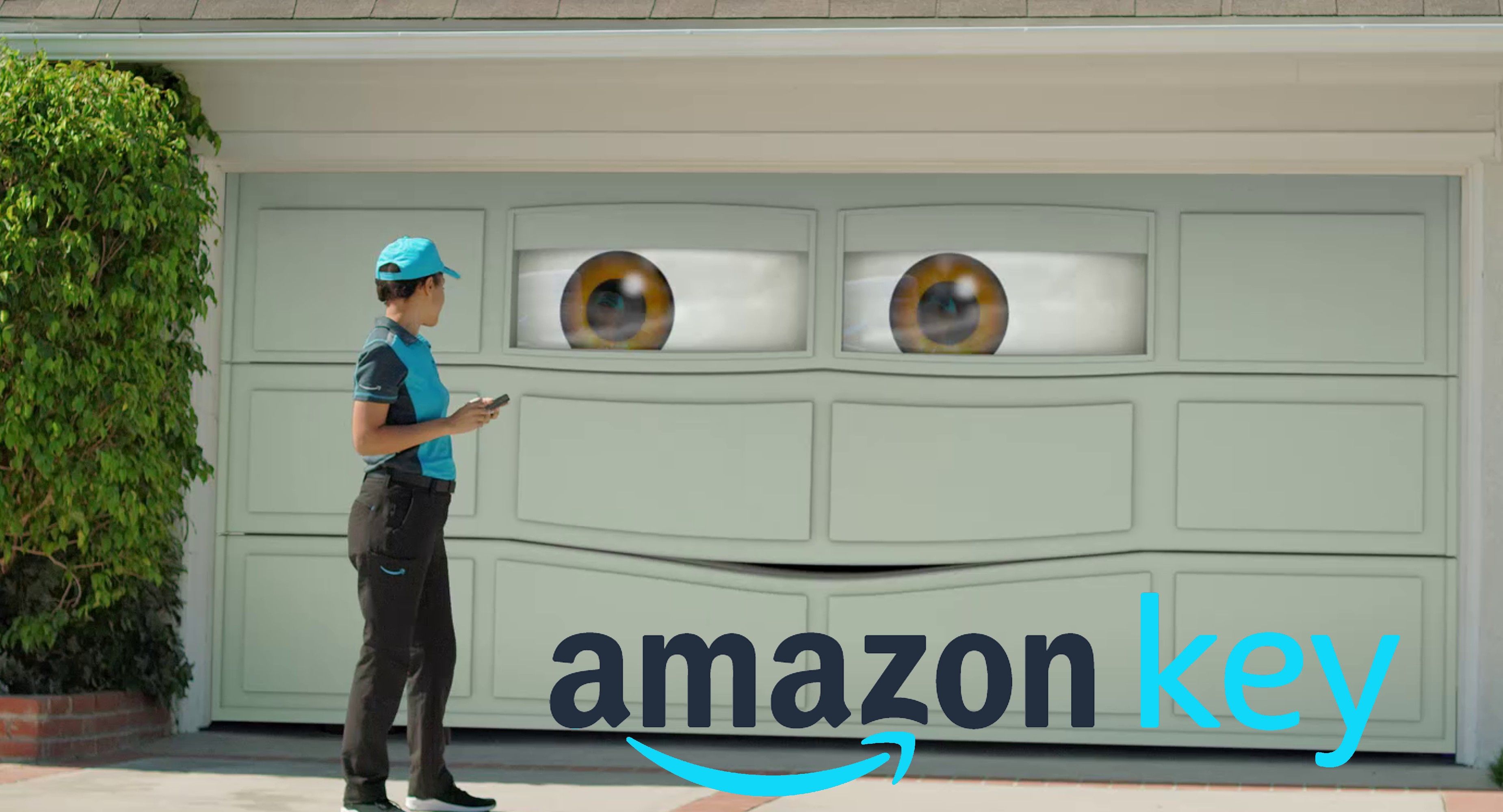 An Amazon delivery driver standing in front of a garage door with a mouth and eyes. The Amazon Key logo is towards the bottom of the image